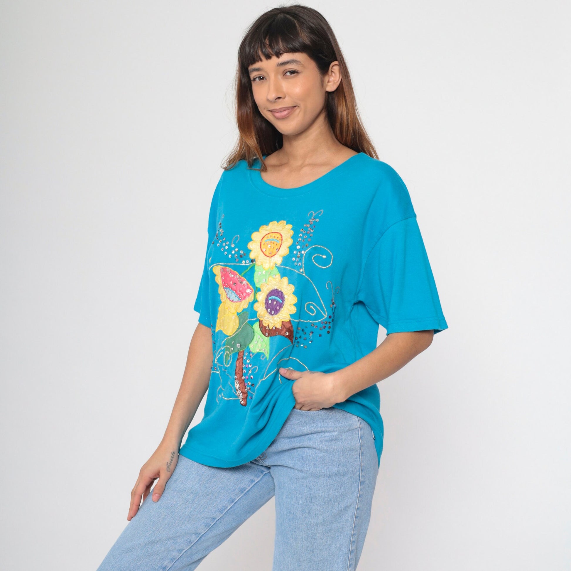 90s Turquoise Floral T-Shirt Sequined Beaded Embroidered Graphic Tee Large