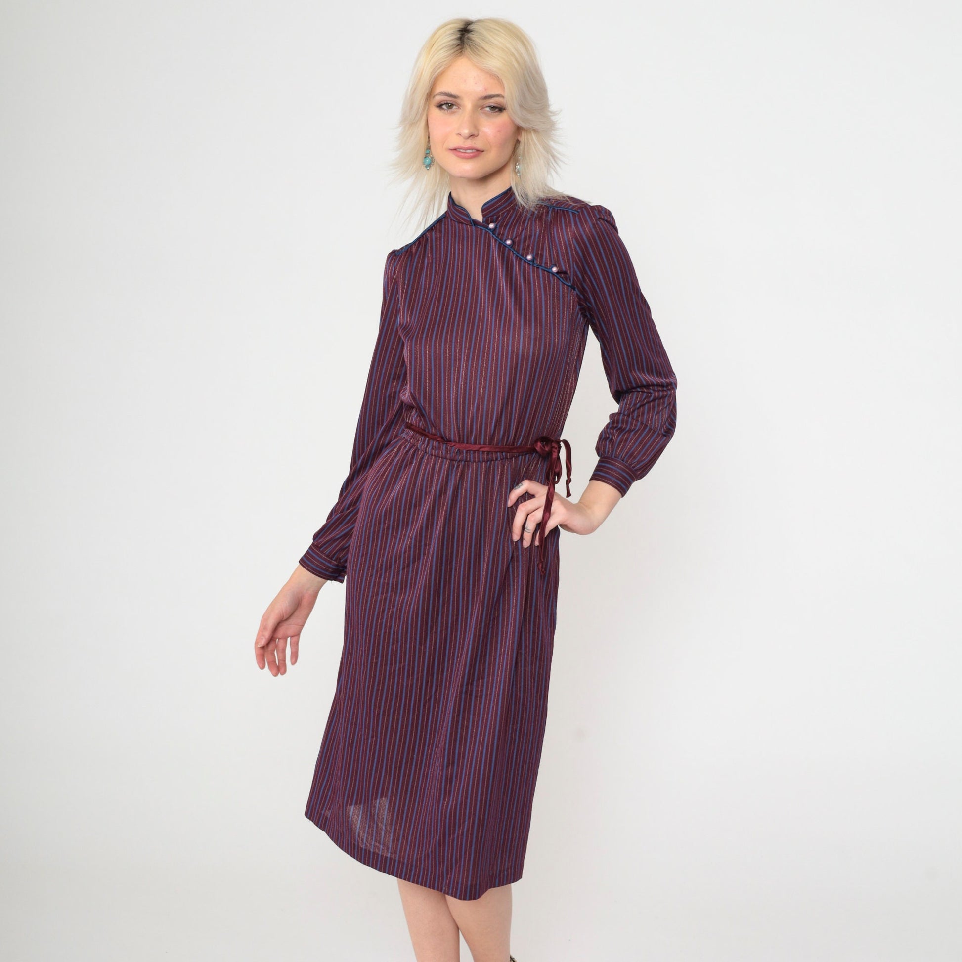70s Jerri Jee Mandarin Collar Midi Dress Plum Striped Puff Sleeve Extra Small