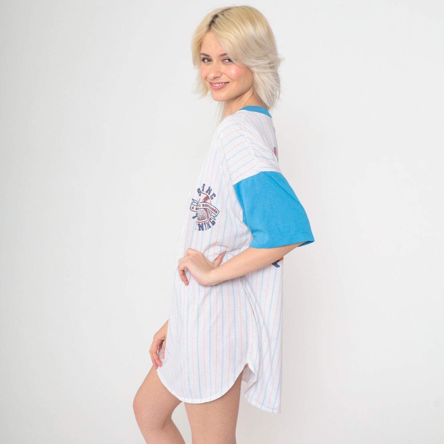 90s Baseball 23 Spring Training Pajama Dress White Mini Henley Small-Large