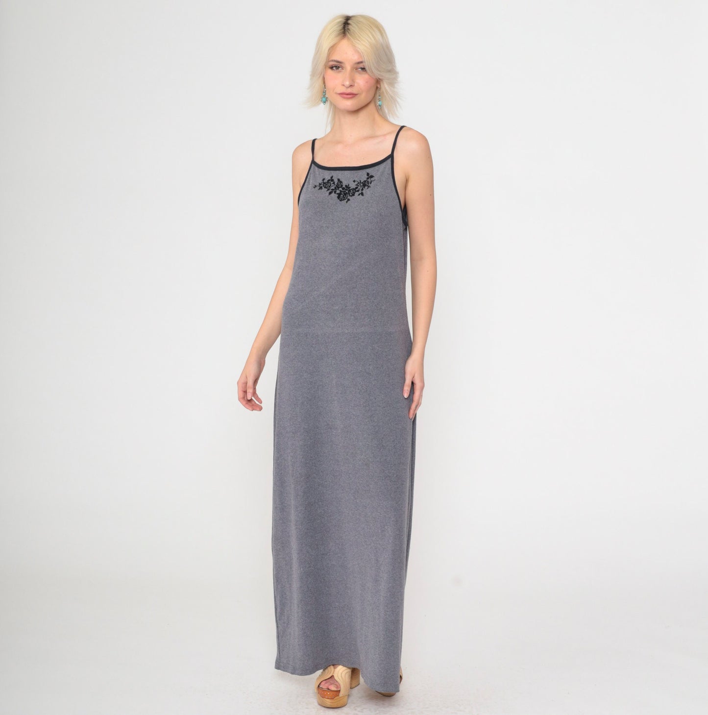 Y2K Grey Floral Maxi Dress Spaghetti Strap Bodycon 00s Xhilaration Medium