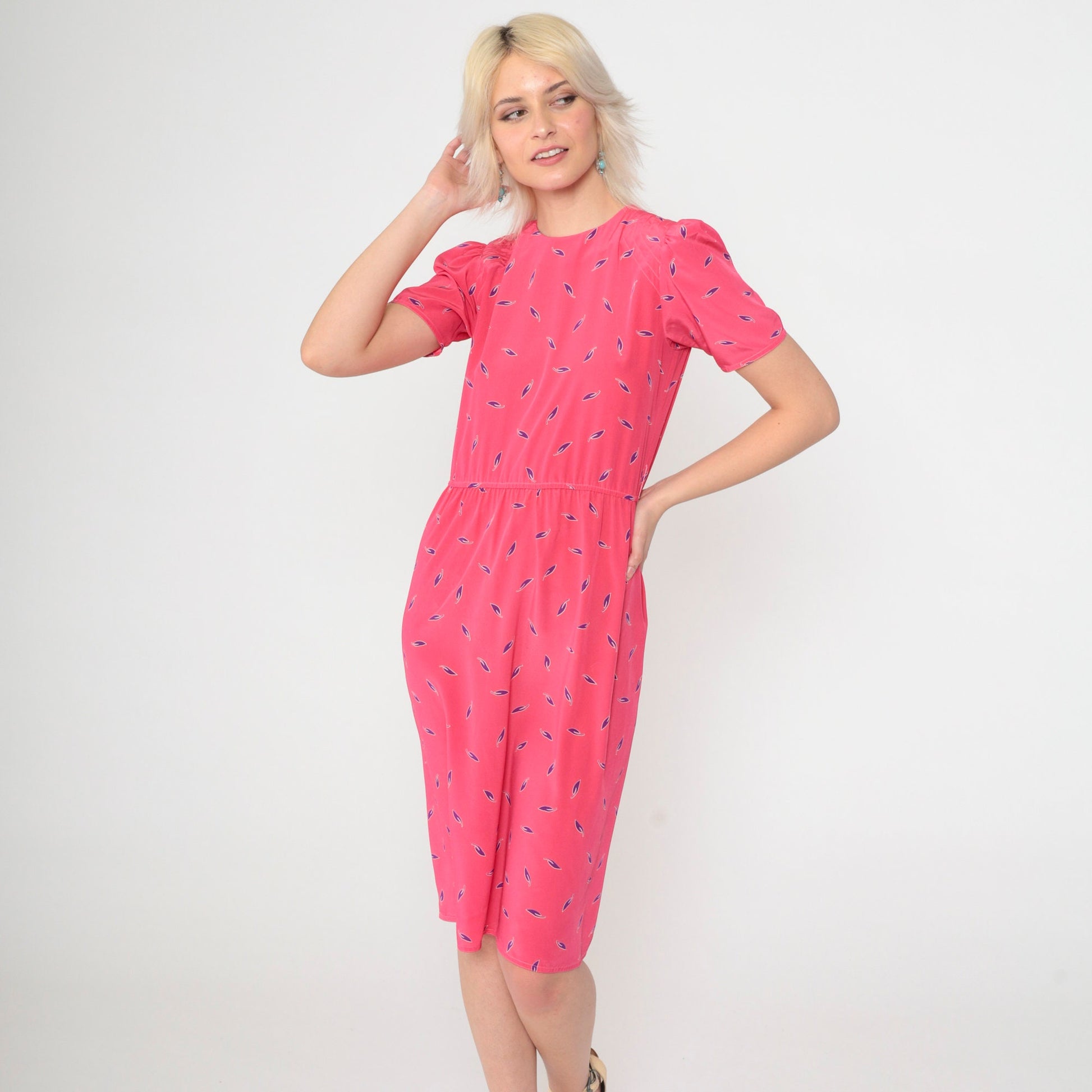80s Leaf Print Midi Dress Bright Pink Puff Sleeve High Waist Button Back Extra Small