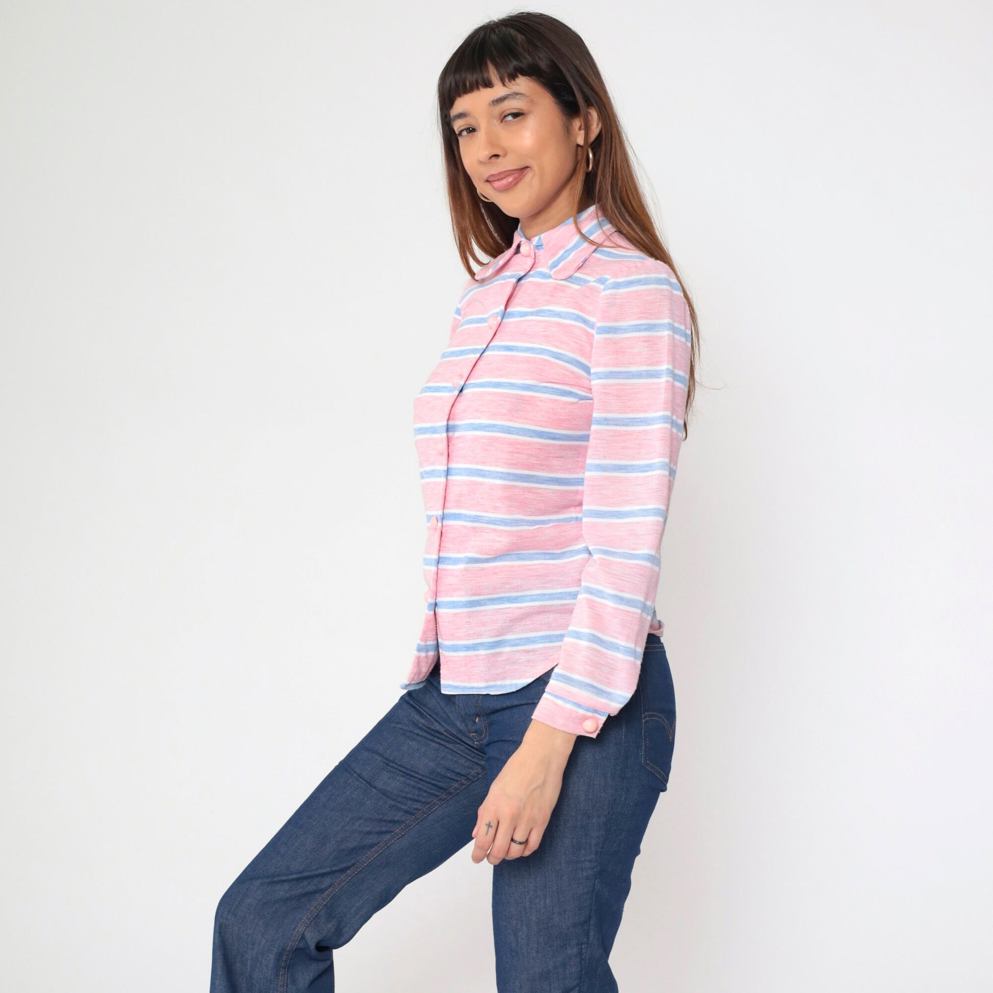 70s Pink Striped Shirt Dog Ear Collar Long Sleeve Button Up Small