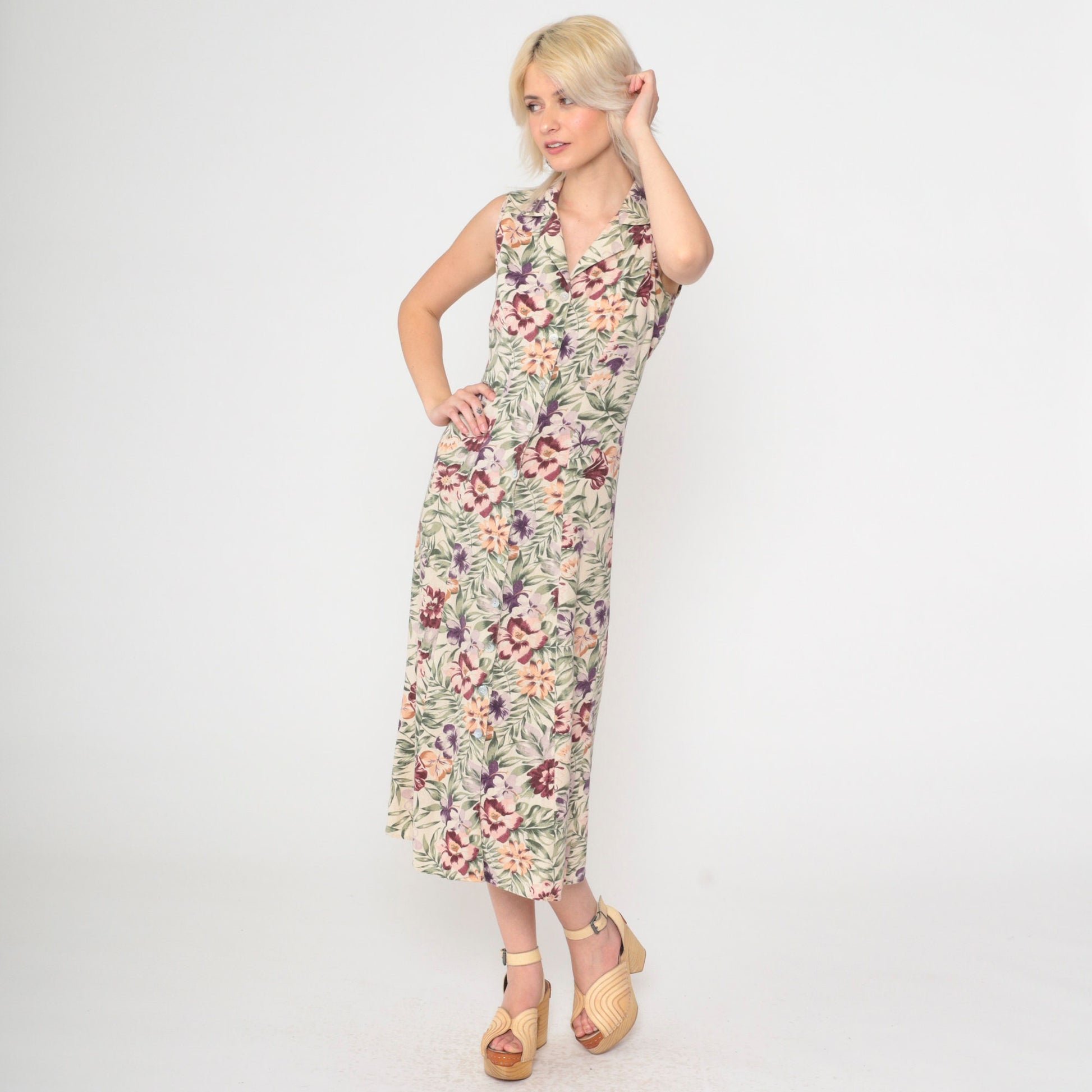 90s Tropical Floral Silk Midi Dress Cream Button-Front Sleeveless Small