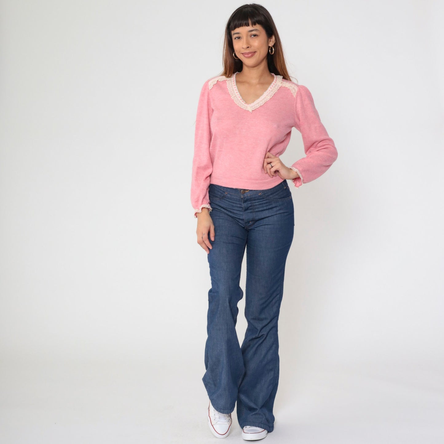 80s Pink Lace Trim V-Neck Sweater Top Long Sleeve Knit Blouse Small