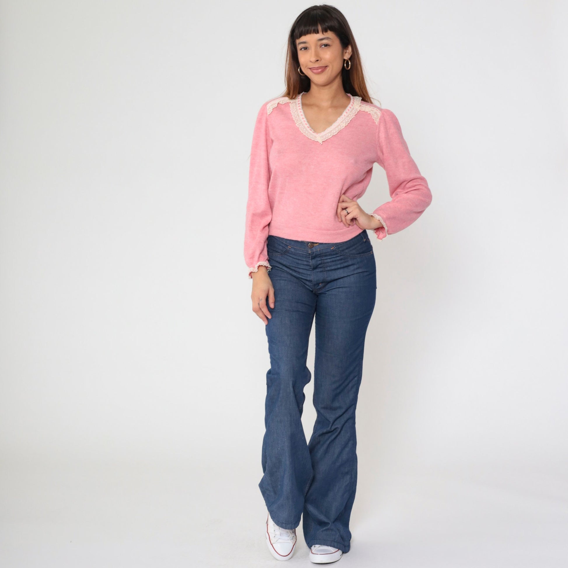 80s Pink Lace Trim V-Neck Sweater Top Long Sleeve Knit Blouse Small