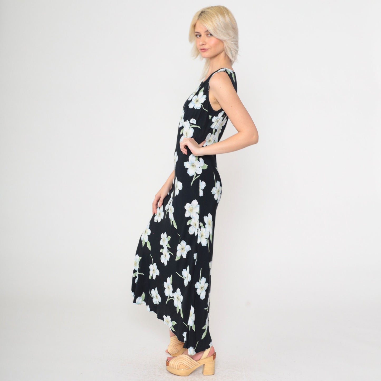 90s All That Jazz Black Floral Maxi Dress Empire Waist Scoop Neck Small