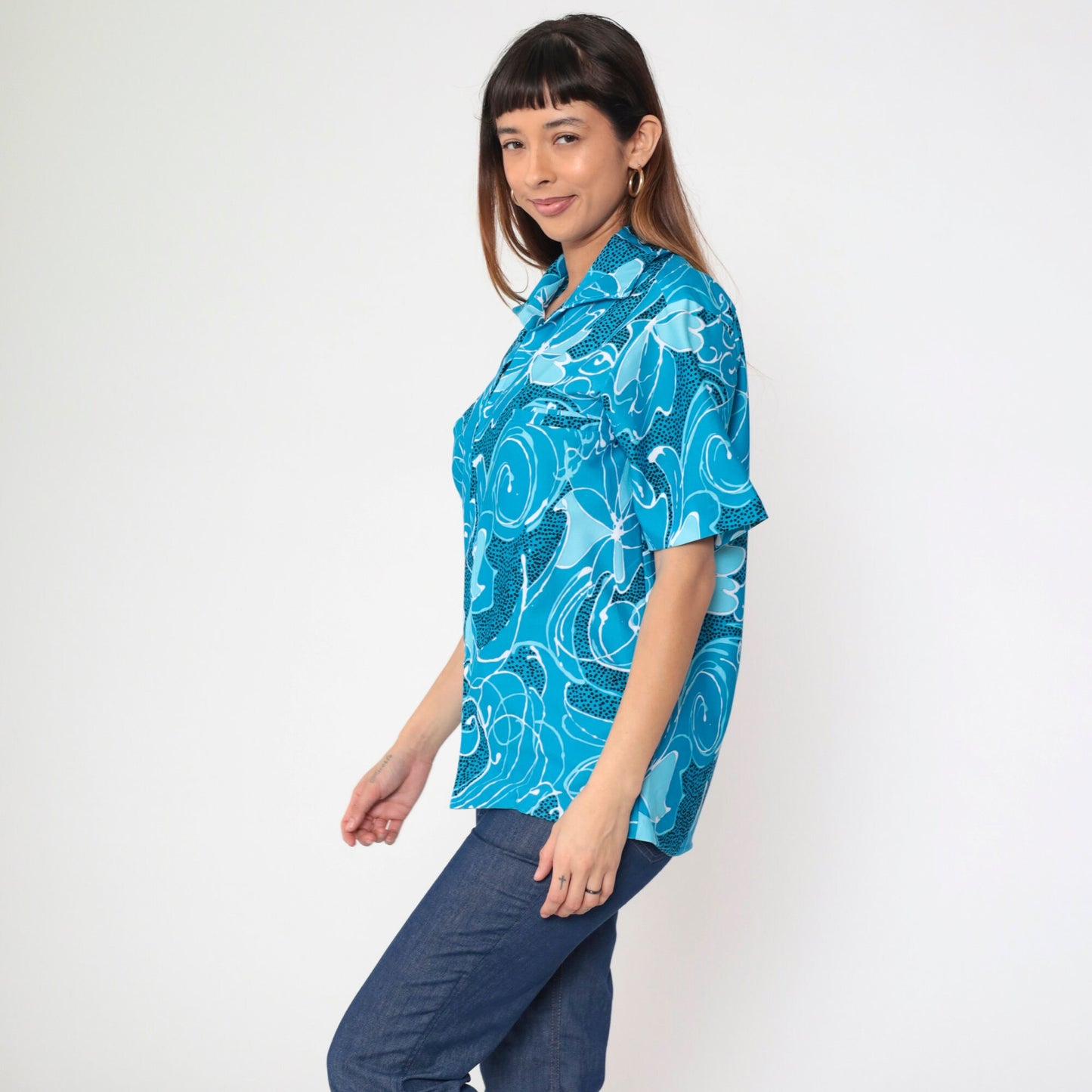 70s Blue Floral Abstract Zip-Up Blouse Short Sleeve Medium Large