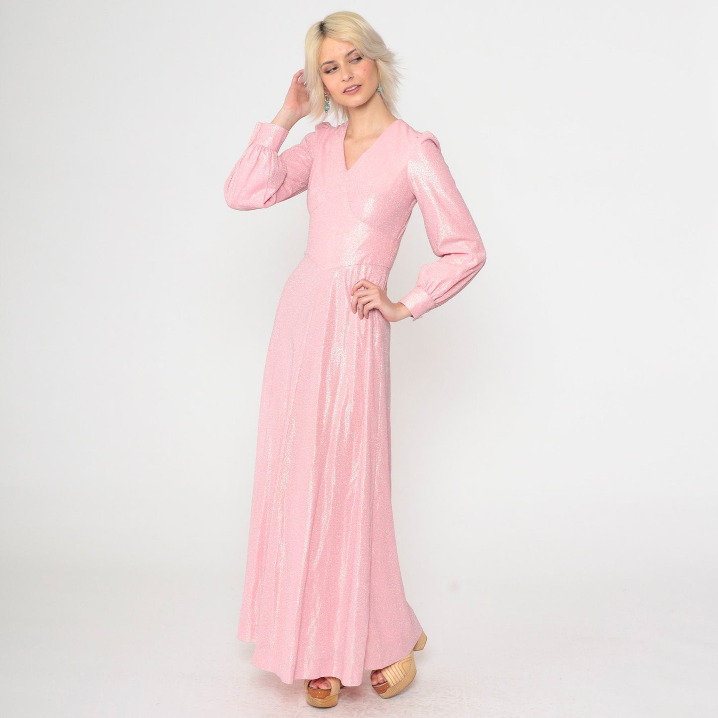 70s Metallic Baby Pink Maxi Dress Puff Sleeve V-Neck High Waist Extra Small
