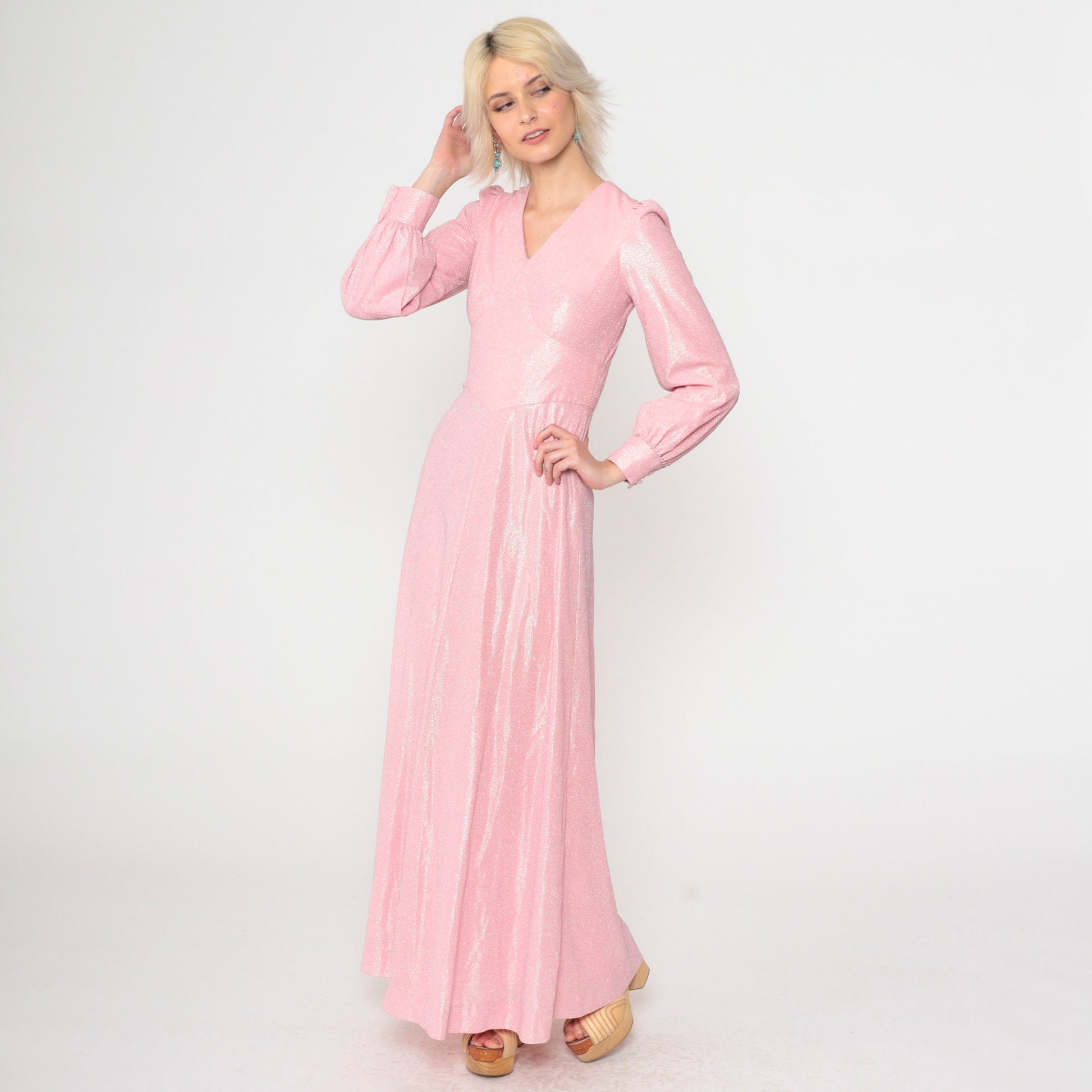 70s Metallic Baby Pink Maxi Dress Puff Sleeve V-Neck High Waist Extra Small