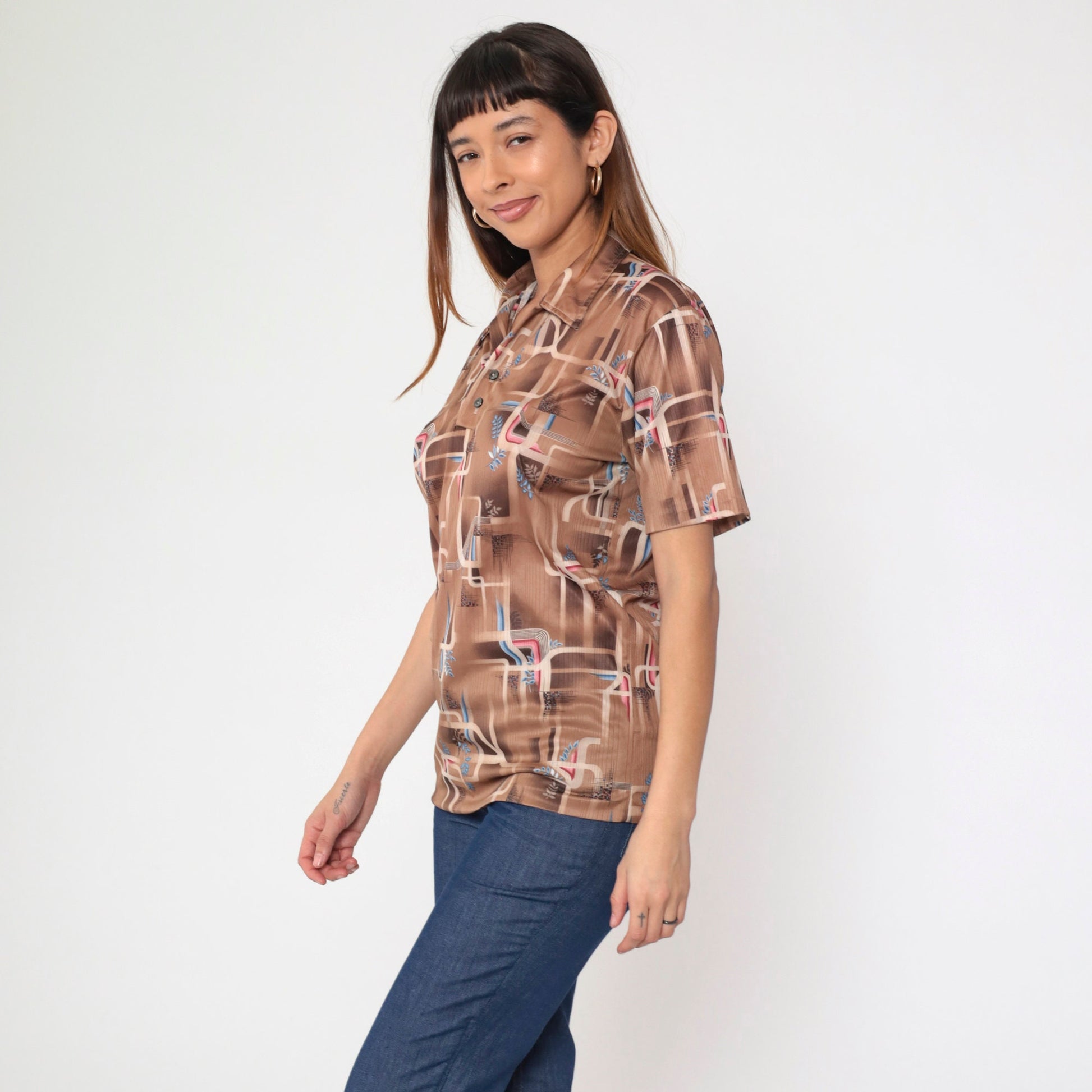 70s Geometric Psychedelic Polo Shirt Brown Dagger Collar Men's Medium Large