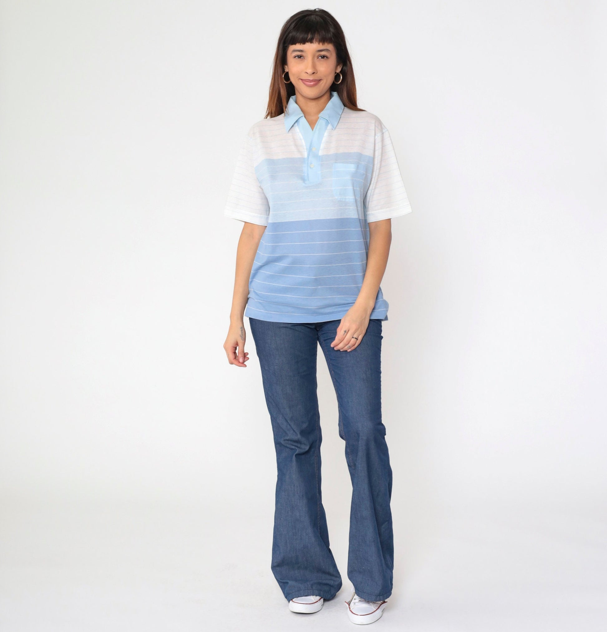 80s Arrow Tournament Striped Polo Shirt Blue White Half Button Medium