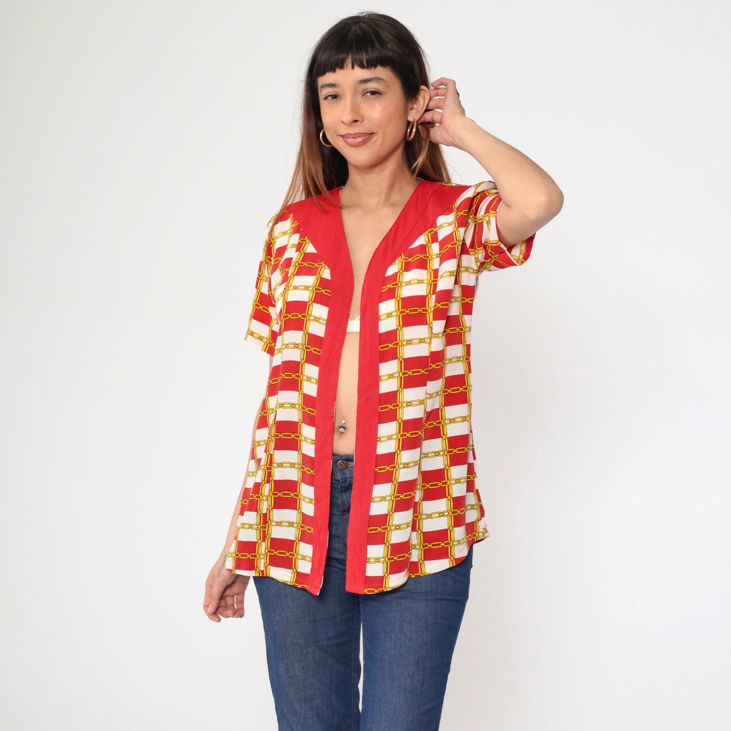 80s Chain-Link Red White Checkered Open Front Blouse Short Sleeve Small Medium