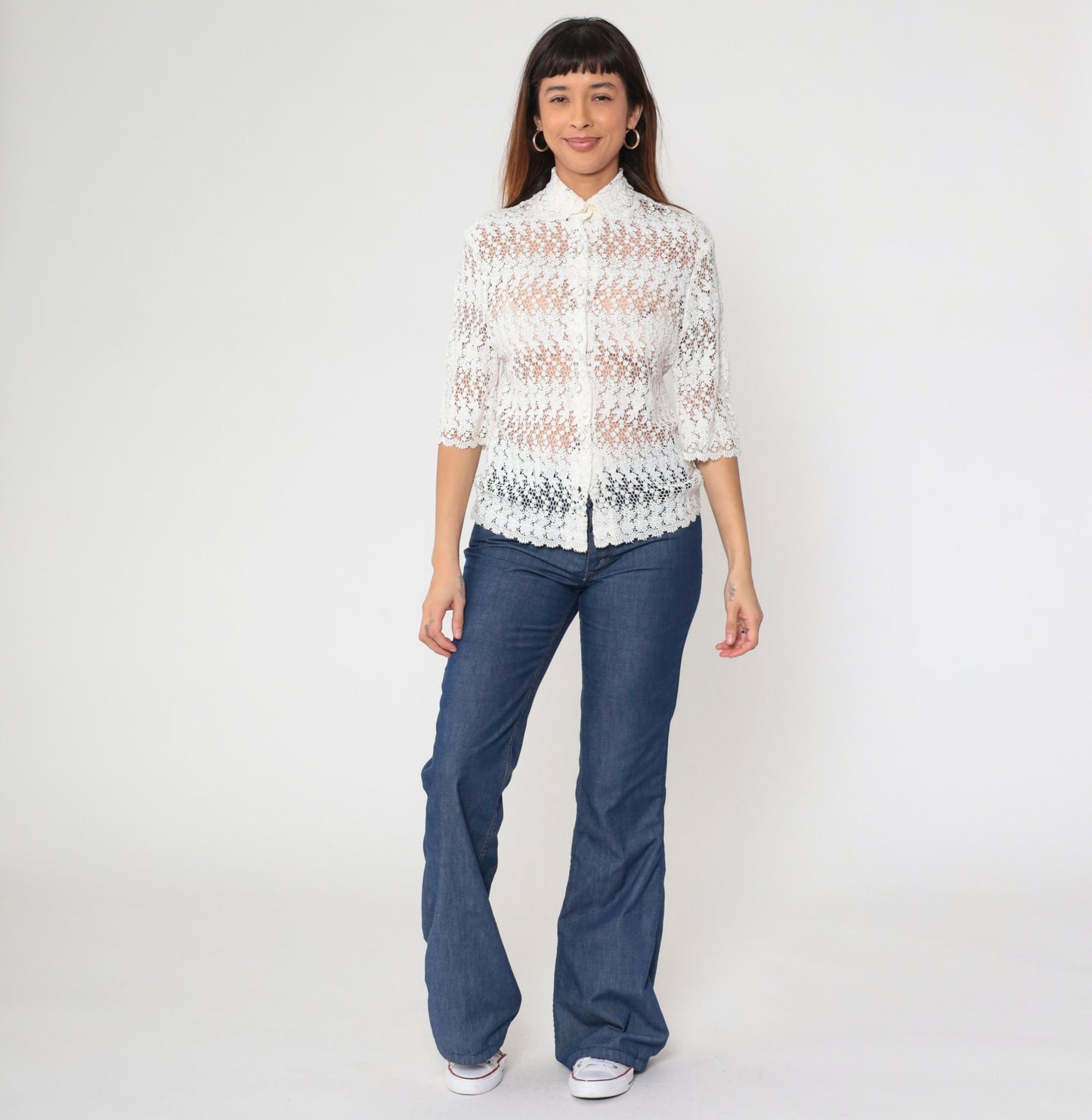 80s White Lace Blouse Peter Pan Collar Button-Up 3/4 Sleeve Small
