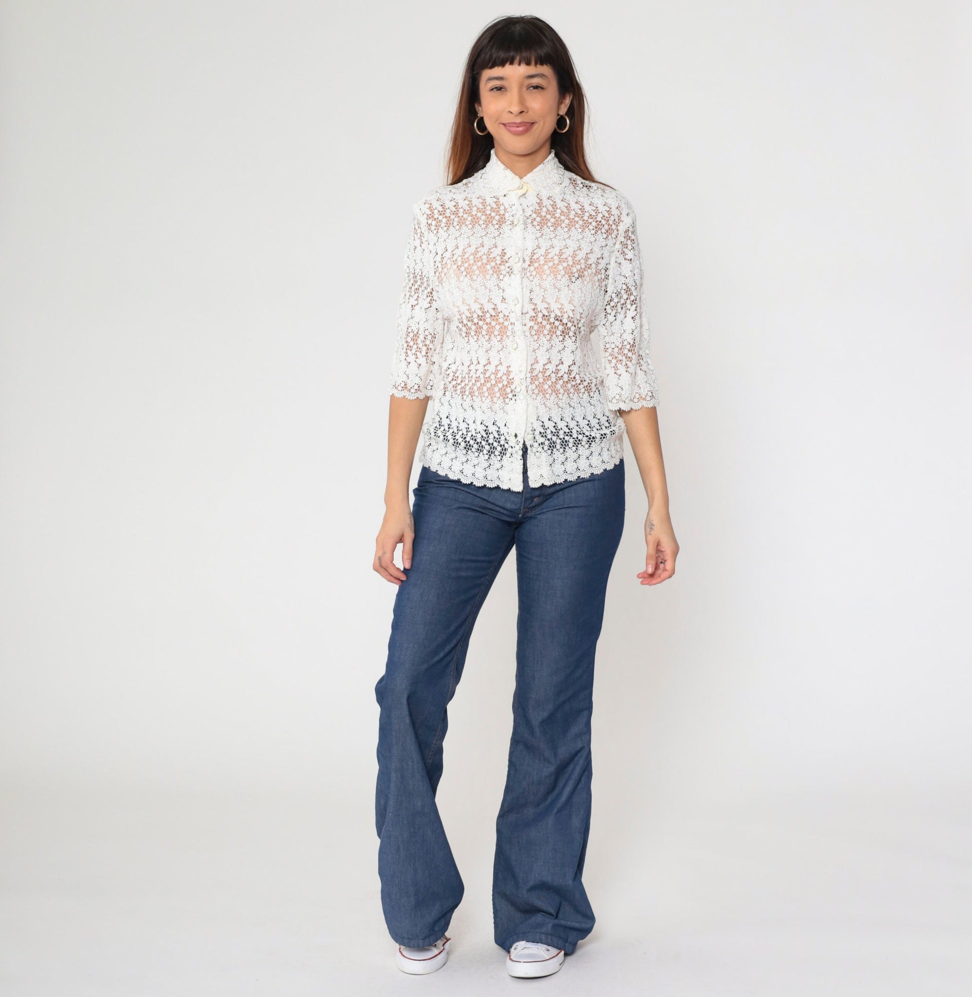 80s White Lace Blouse Peter Pan Collar Button-Up 3/4 Sleeve Small