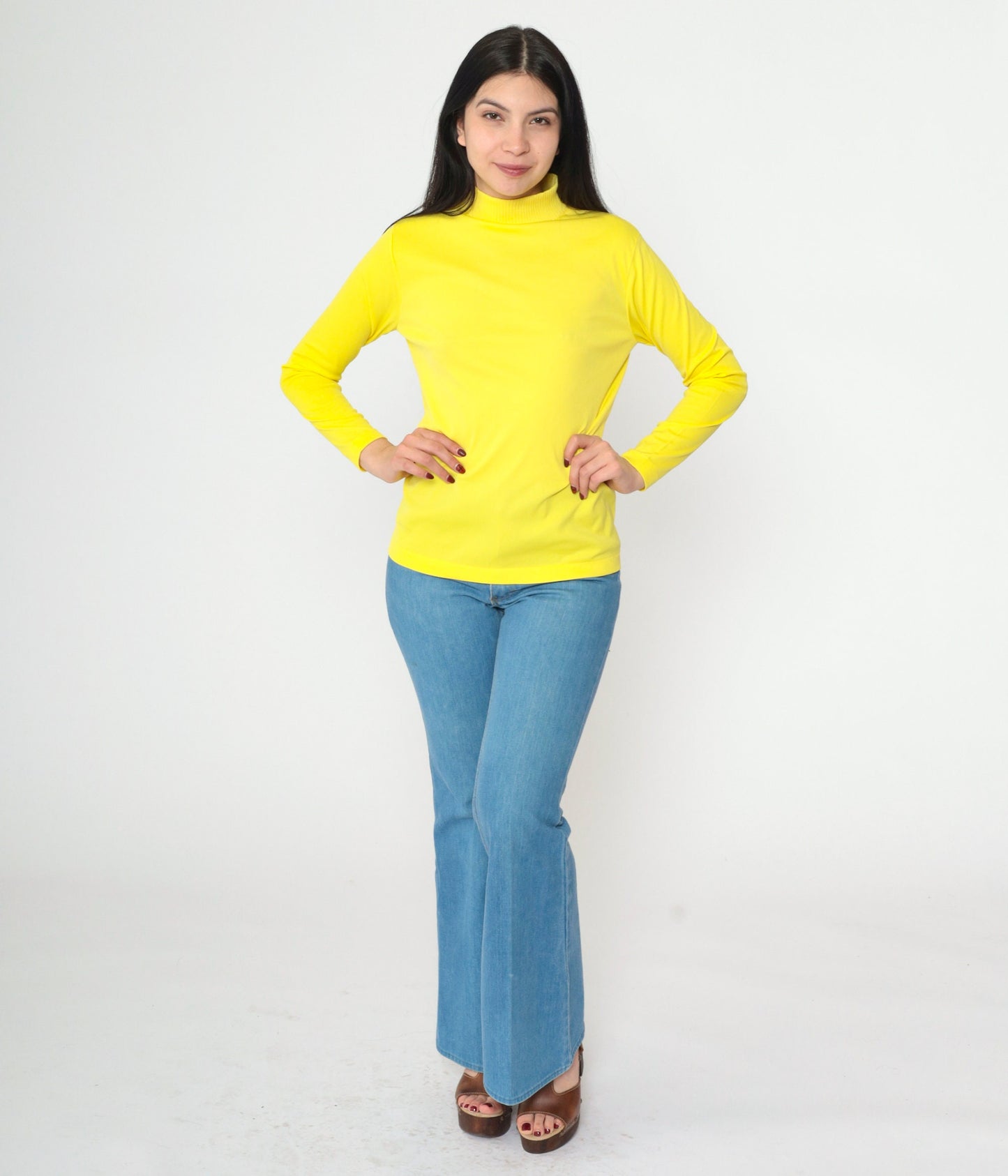 70s Yellow Mock Neck Blouse Long Sleeve Polyester Vintage Shirt Small