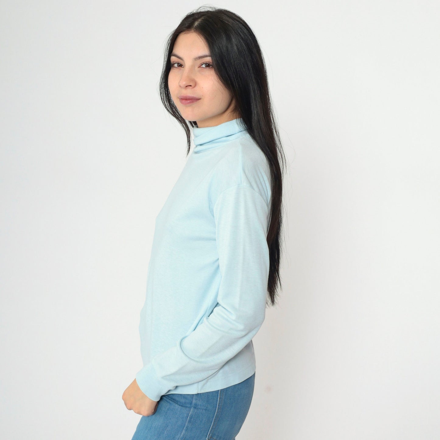 90s Baby Blue Turtleneck Long Sleeve Shirt Plain Vintage Medium