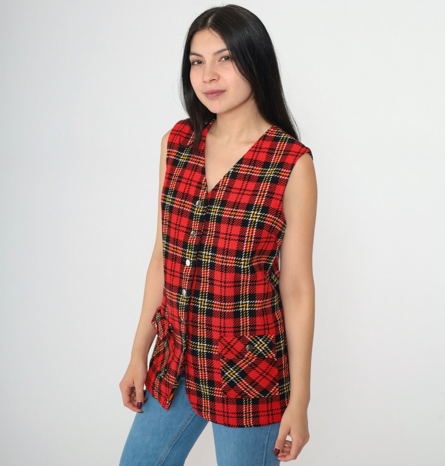 1960s Red Black Plaid Button Vest V-Neck Sleeveless Tartan Small