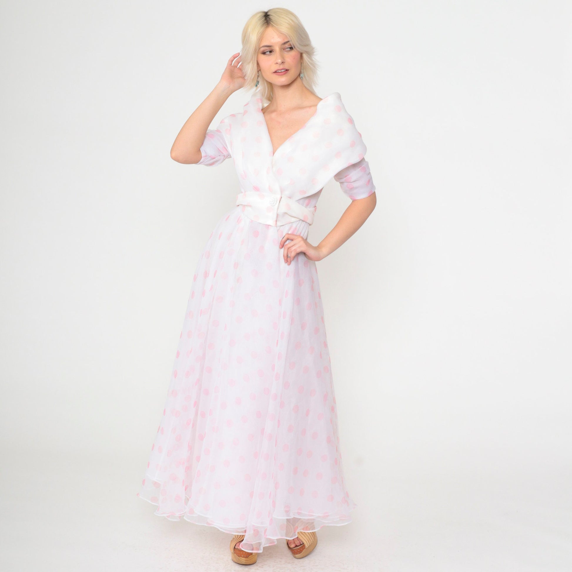 90s White Polka Dot Chiffon Maxi Dress Portrait Collar Pink Small 4