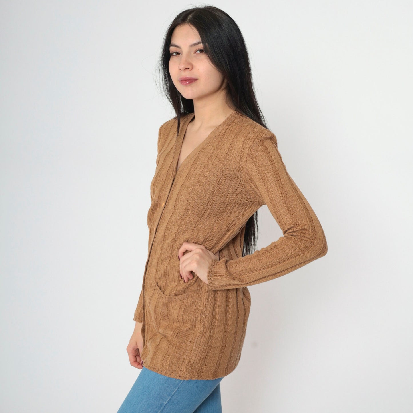 90s Brown Ribbed Cardigan Button-Up Knit Sweater V-Neck Small S