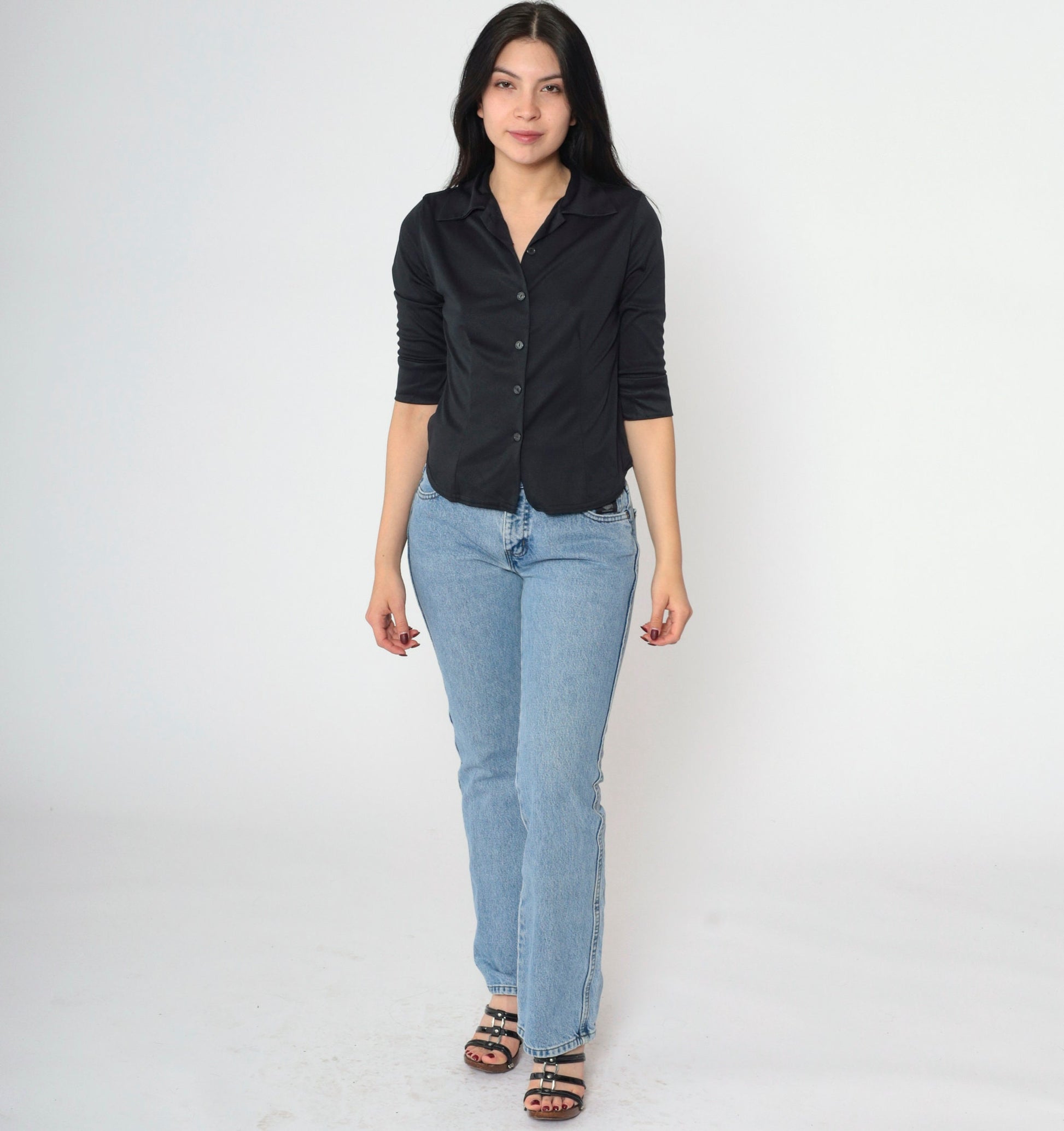 90s Black Button-Up Blouse Half Sleeve Collared Shirt Extra Small