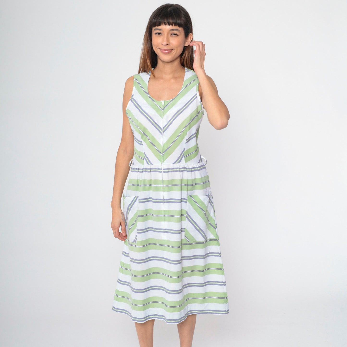 70s Mod Shift Dress Green White Chevron Striped Midi Front Zip Small Medium