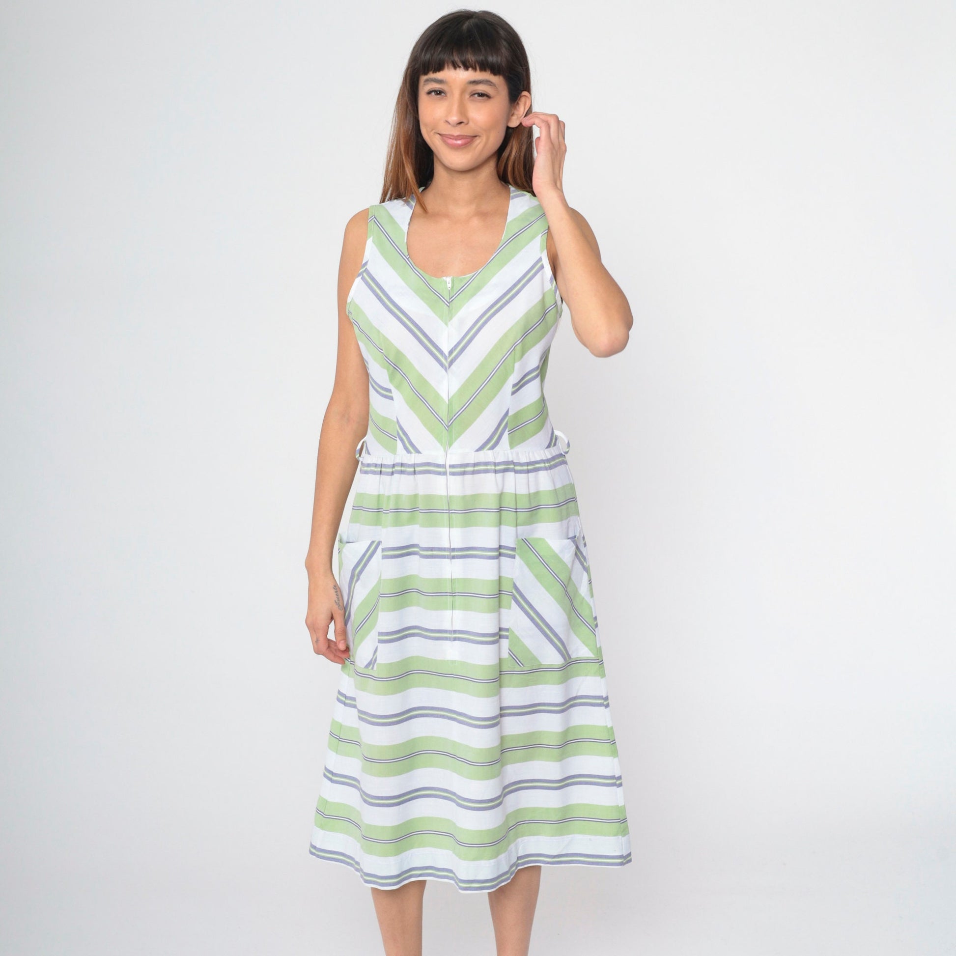70s Mod Shift Dress Green White Chevron Striped Midi Front Zip Small Medium