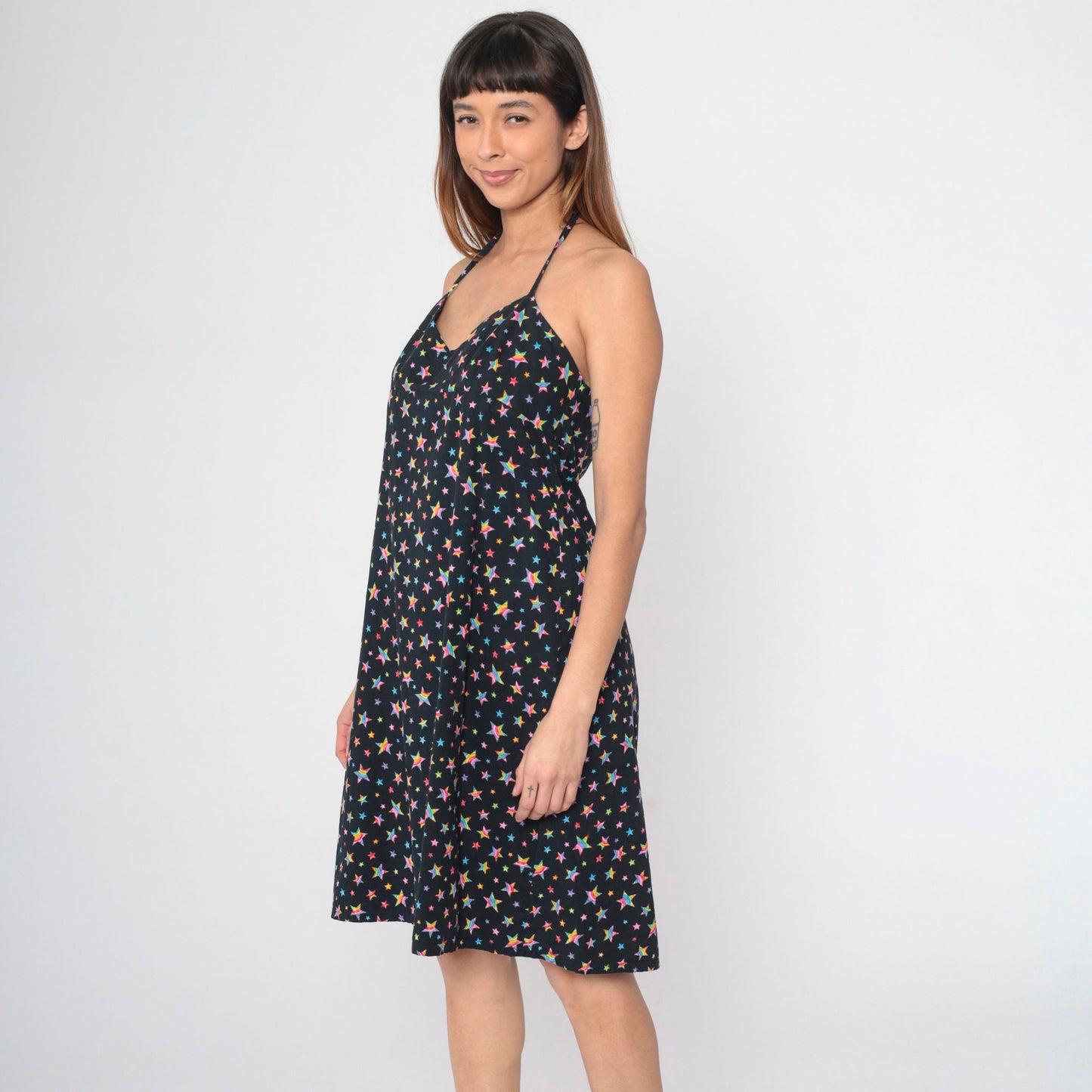 Y2K Black Rainbow Star Print Halter Midi Dress Empire Waist Sleeveless Medium