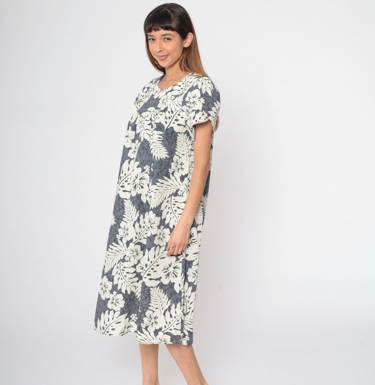 80s Hawaiian Floral Grey Midi Tent Dress Hibiscus Print Medium