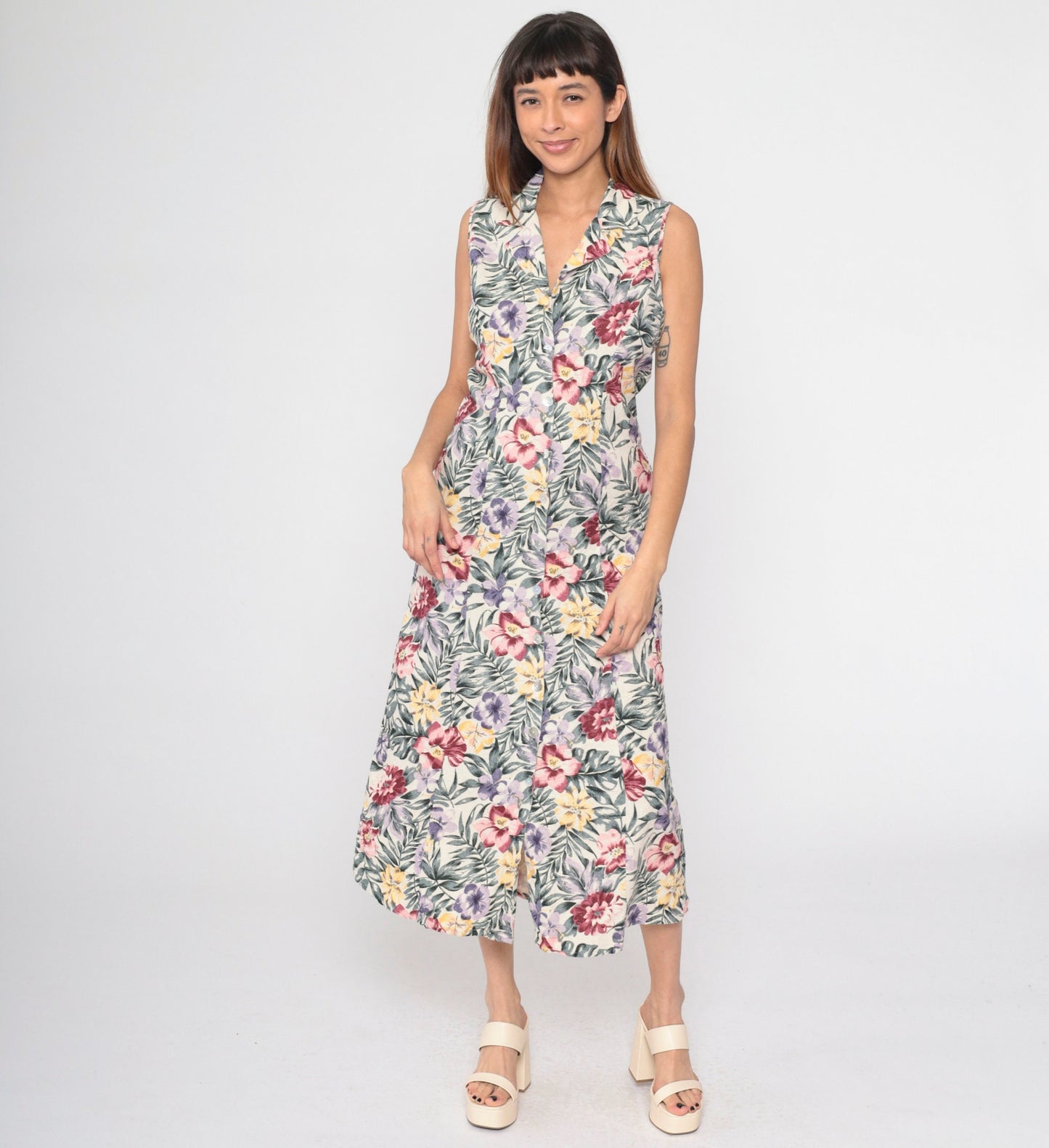 90s O'Kief Silk Floral Midi Dress Tropical Print Off-White Sleeveless Medium