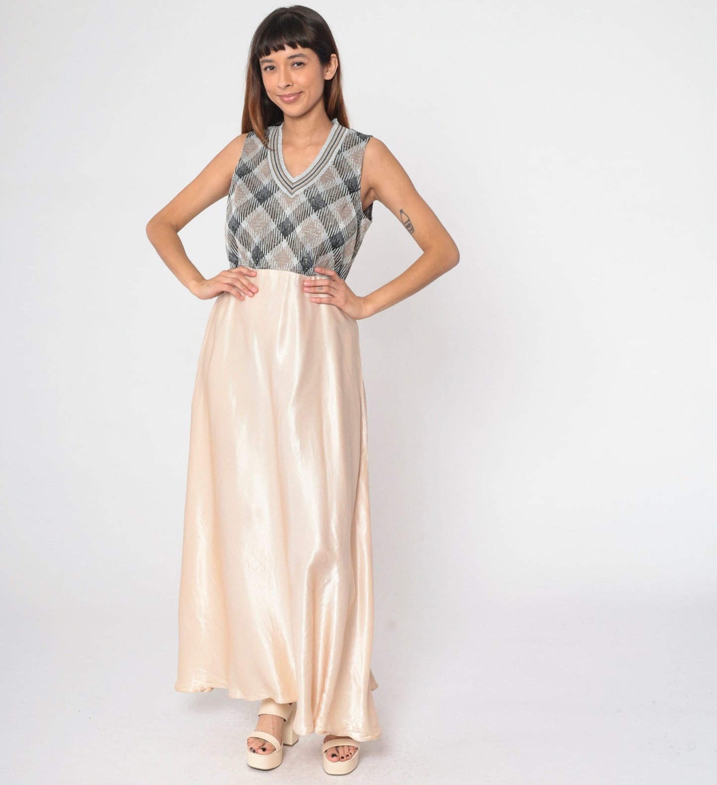 70s Metallic Checkered Maxi Dress Silver Champagne V Neck Sleeveless Medium