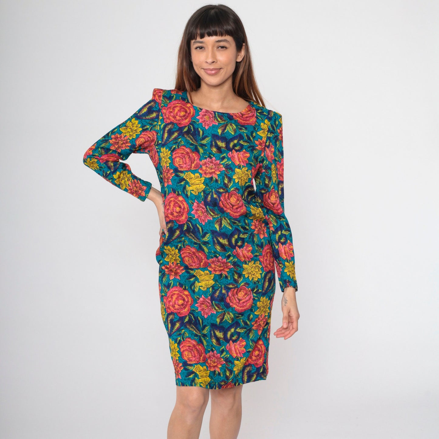 80s Floral Rose Print Midi Dress Puff Sleeve Sheath Pink Blue Small