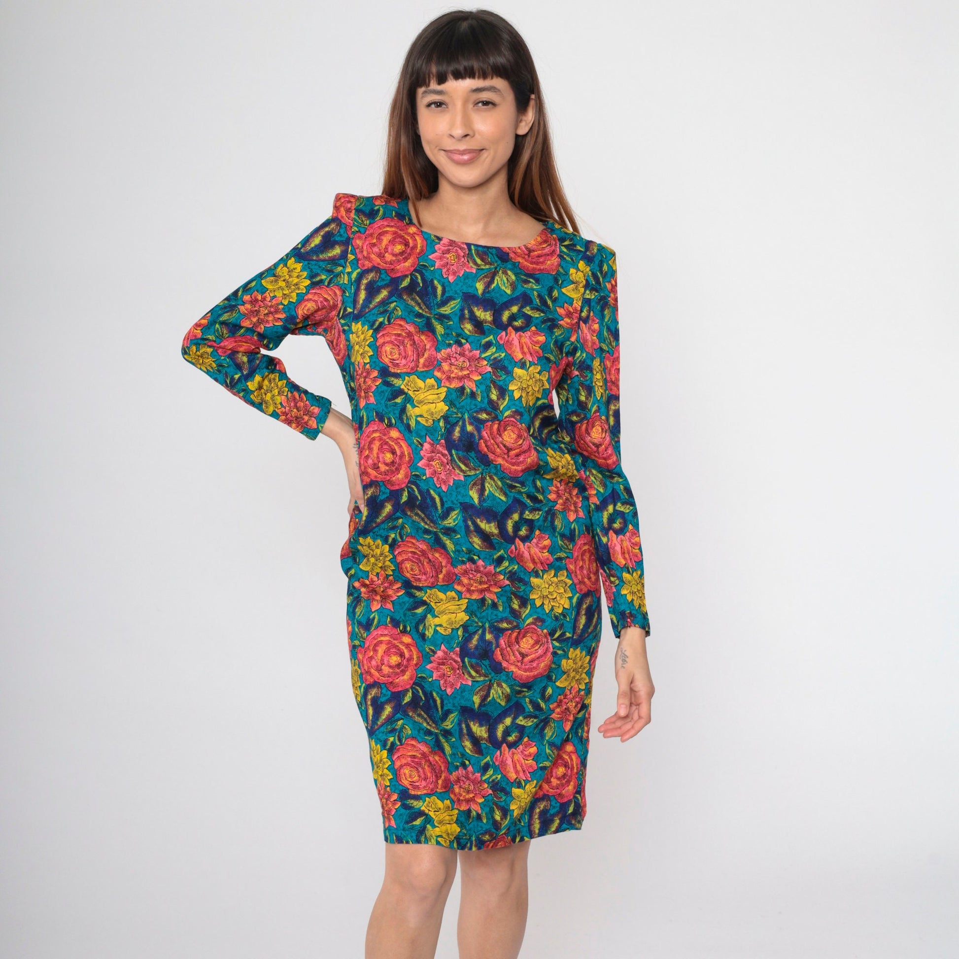 80s Floral Rose Print Midi Dress Puff Sleeve Sheath Pink Blue Small