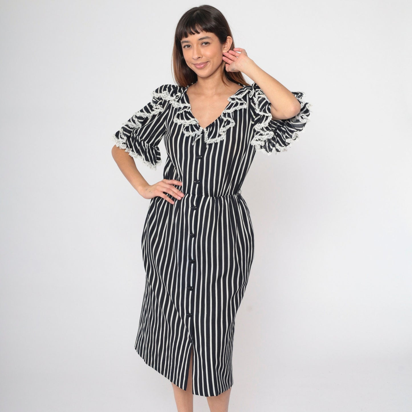 70s Mollie Parnis Black White Striped Midi Dress Button Up Lace Ruffle Small