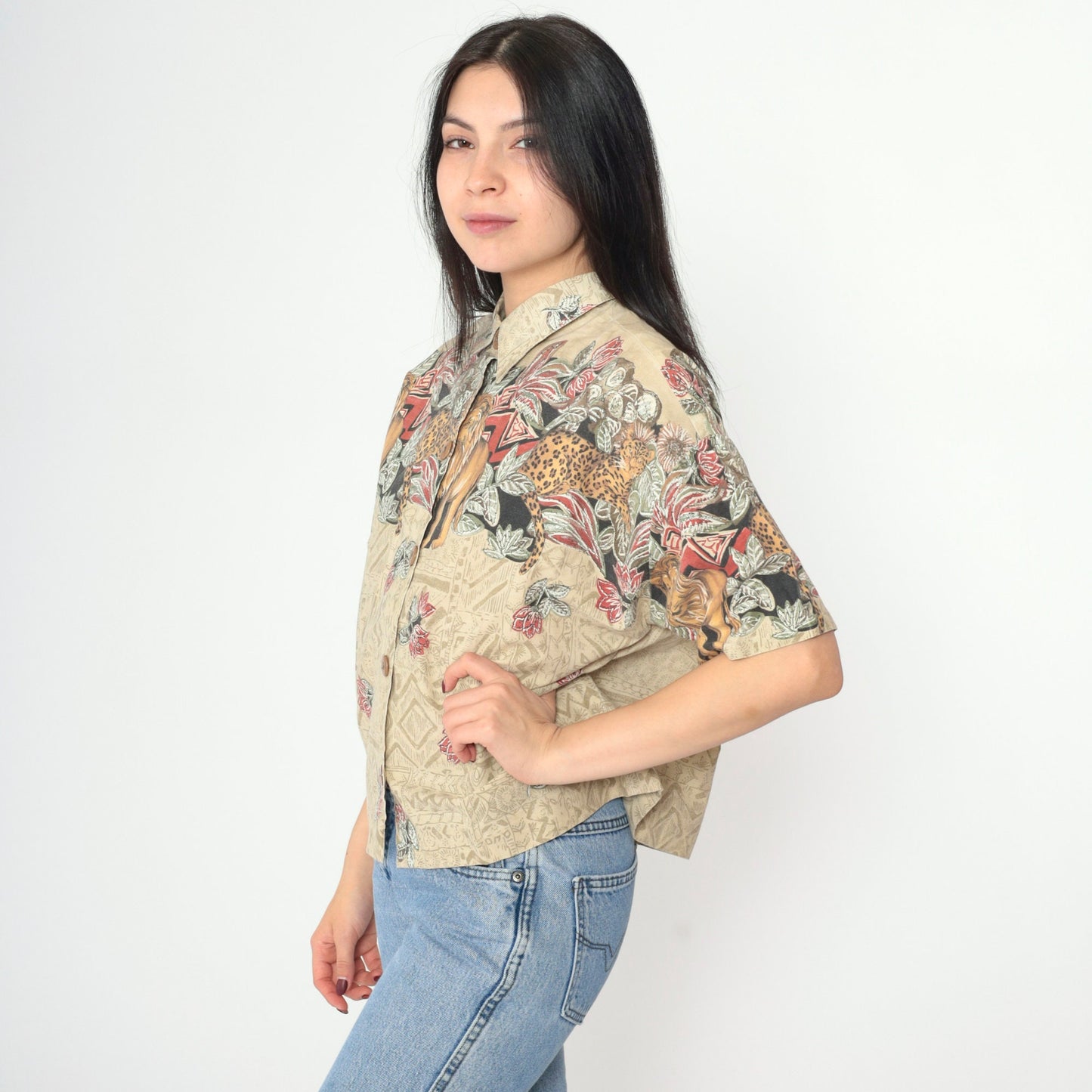 90s Safari Animal Print Button-Up Blouse Silver Glitter Lion Leopard Medium Large