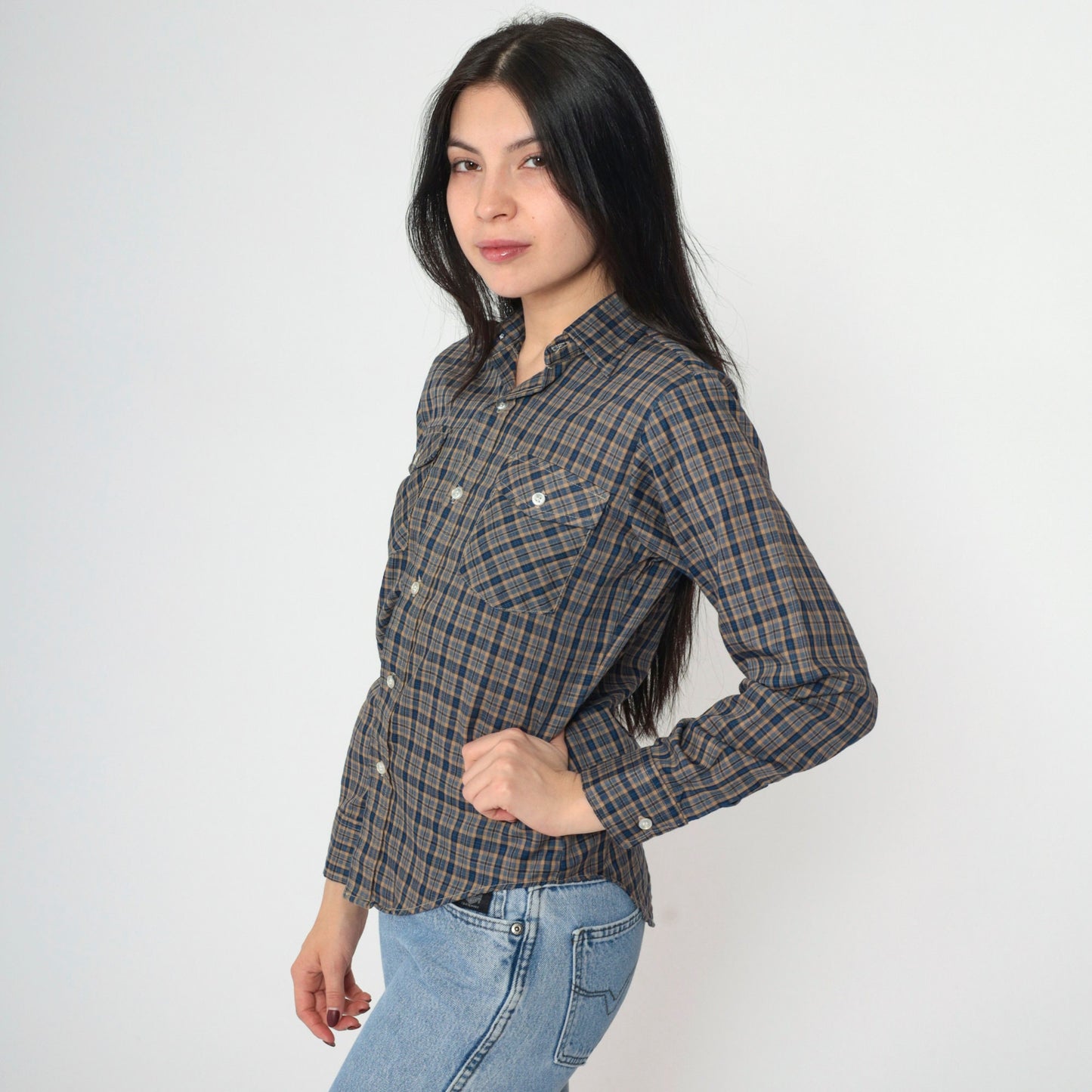 90s Blue Tan Plaid Button-Up Shirt Long Sleeve Chest Pocket Extra Small