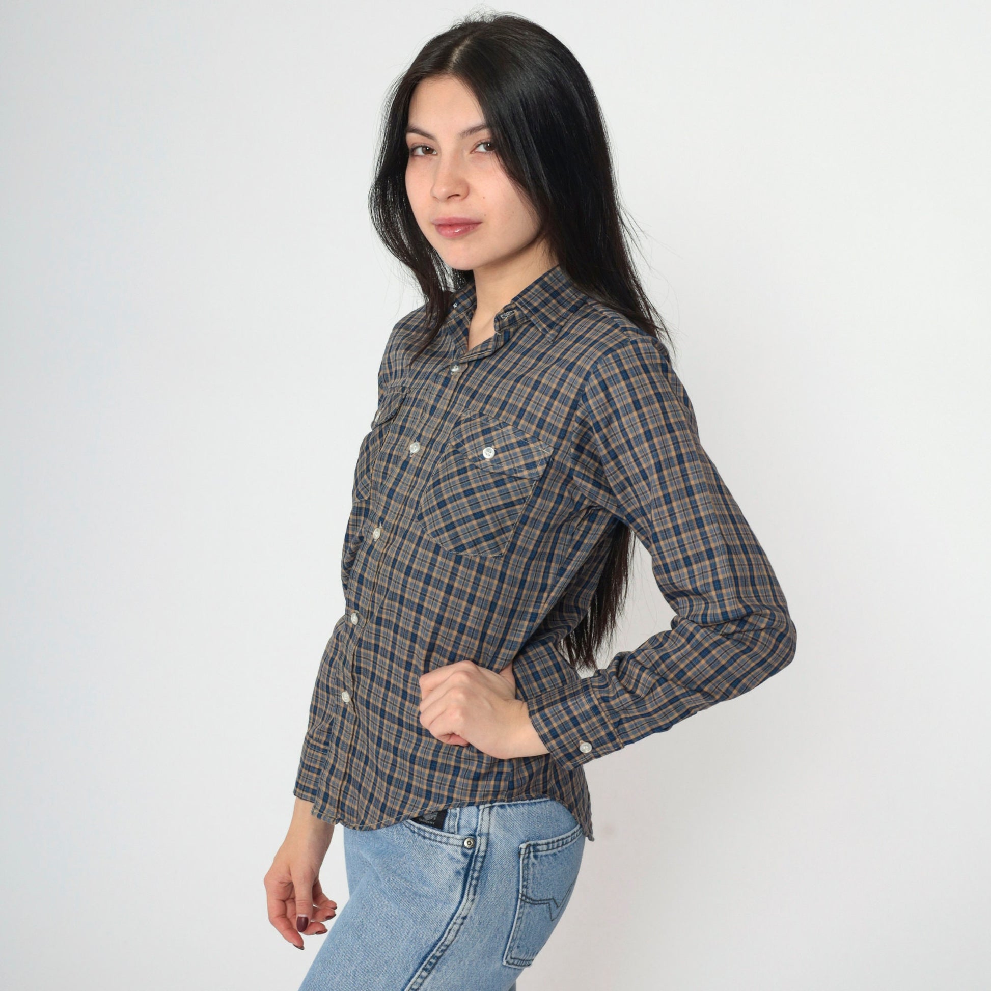 90s Blue Tan Plaid Button-Up Shirt Long Sleeve Chest Pocket Extra Small