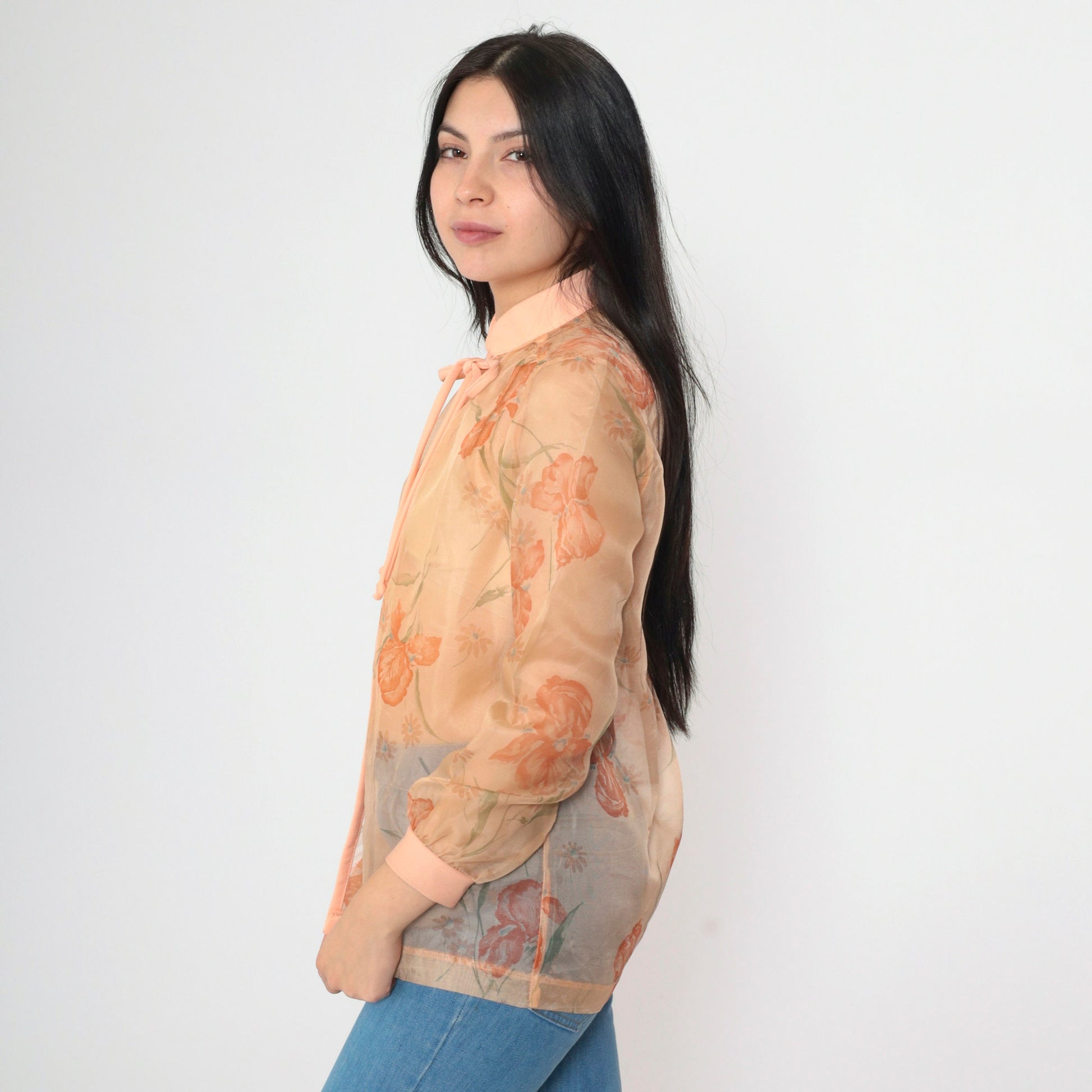 70s Sheer Floral Open Front Jacket Orange Tie Neck Medium
