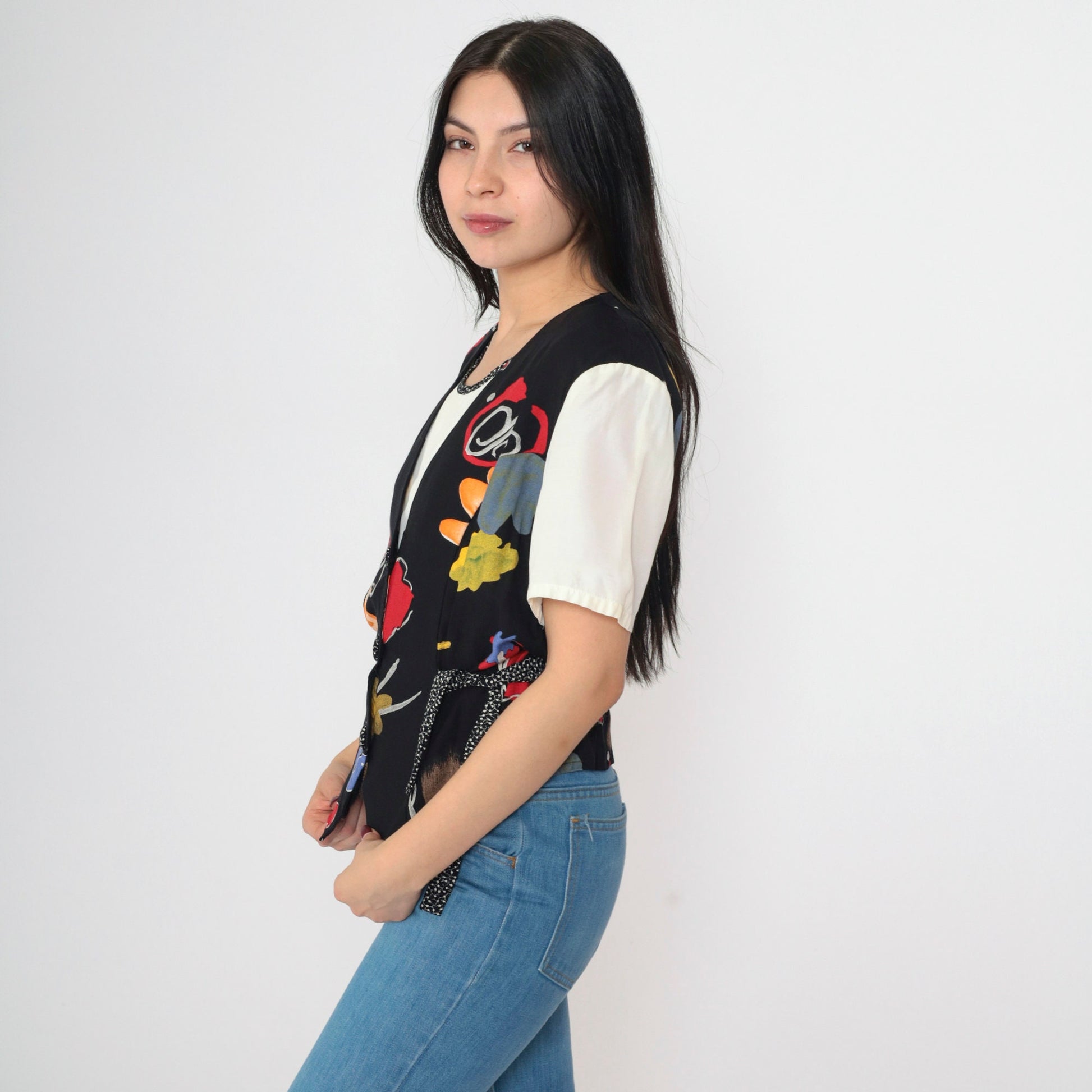 90s Kathie Lee Abstract Floral Button-Up Blouse with Attached Vest White Black Medium