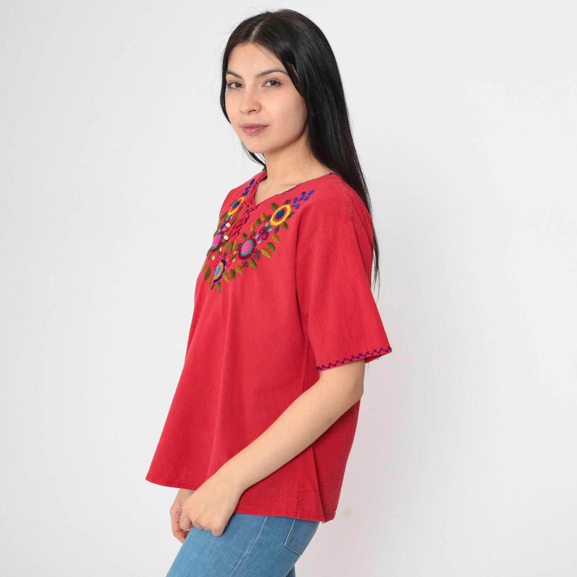 90s Red Floral Embroidered Mexican Blouse Lace-Up Short Sleeve Small Medium