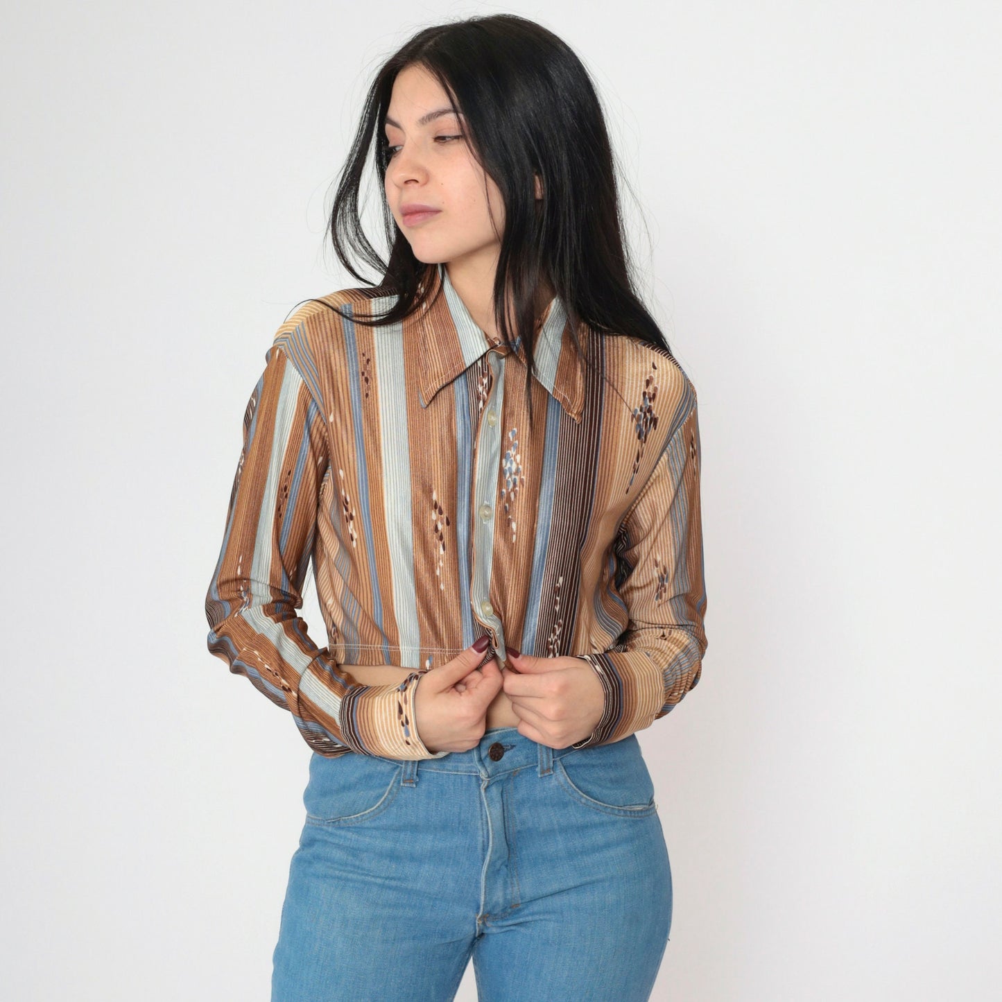 70s Striped Raindrop Print Crop Blouse Button-Up Long Sleeve Brown Green Small