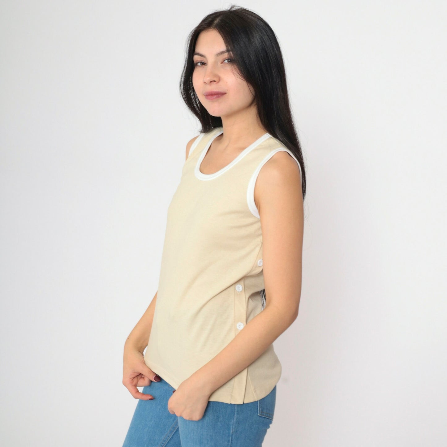 80s Jantzen Beige Tank Top Ringer Trim Scoop Neck Small