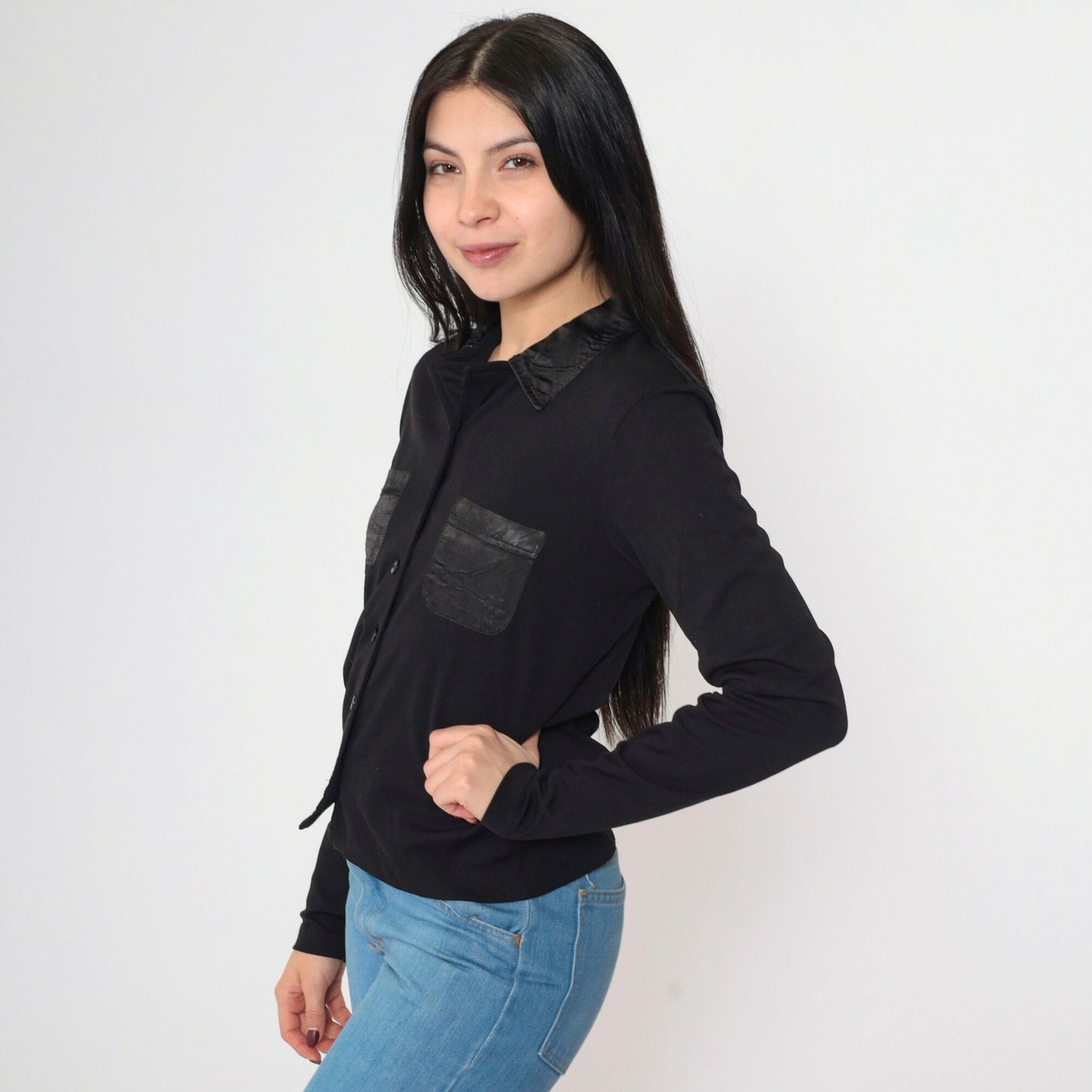 90s Energie Black Button-Up Blouse Satin Pocket Long Sleeve Medium