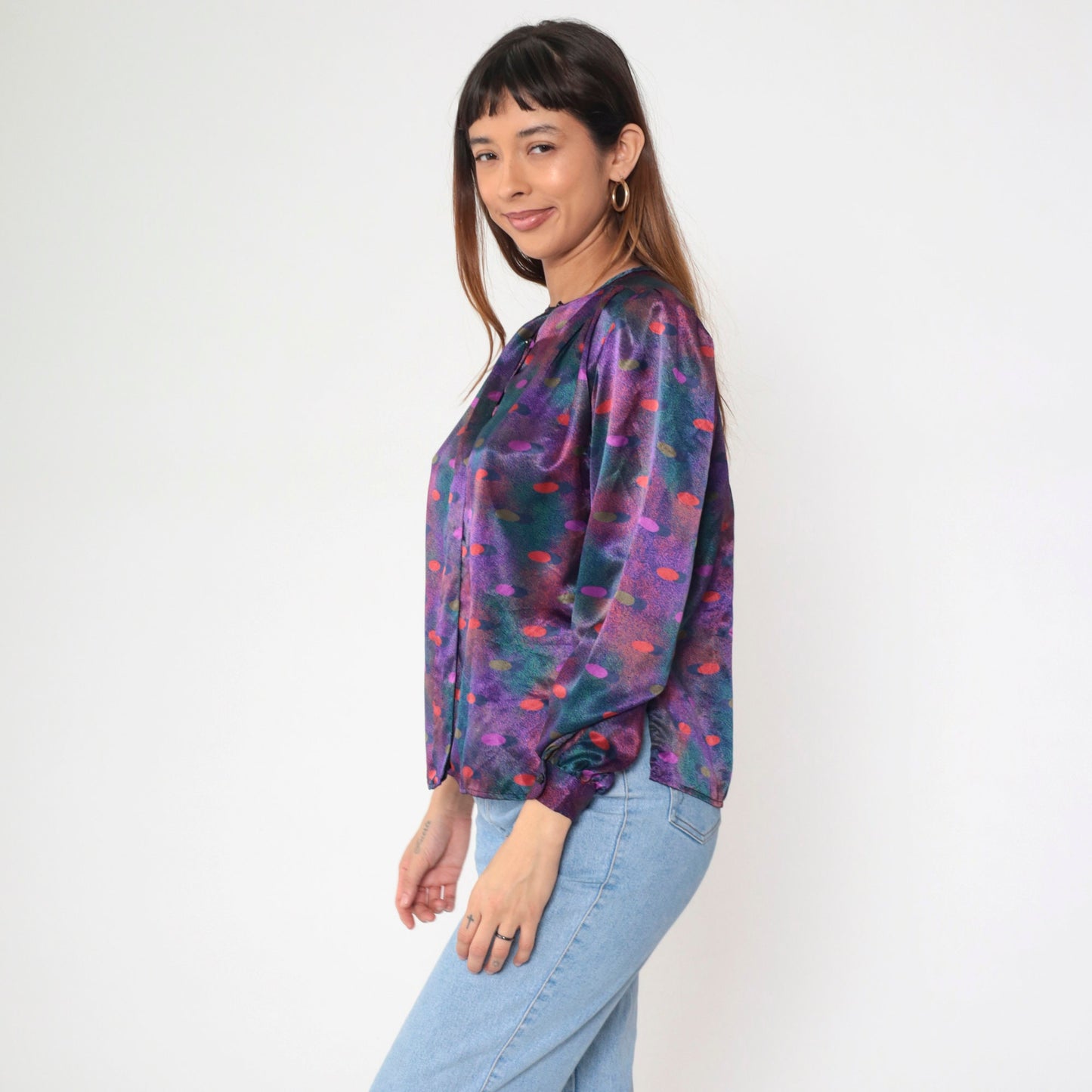 80s Polka Dot Puff Sleeve Button-Up Blouse Multicolor Polyester Small