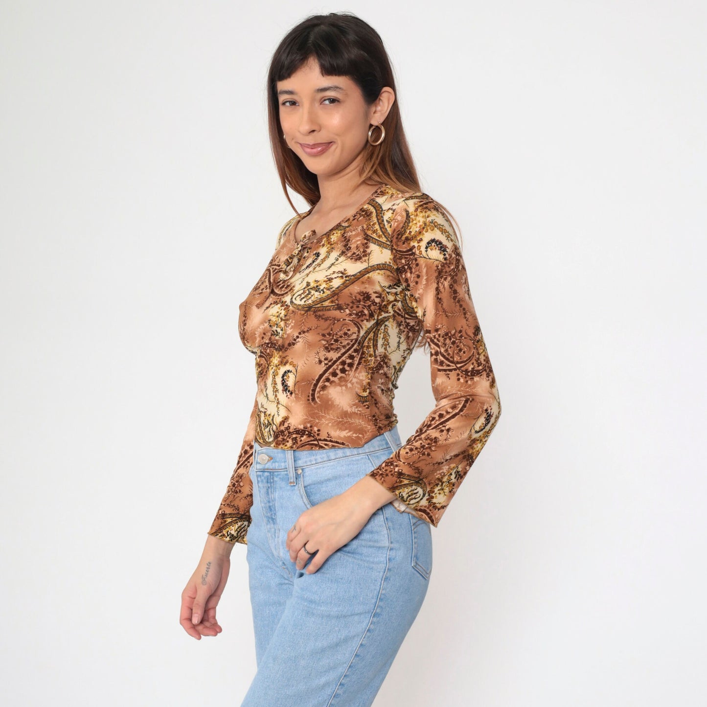 Y2K Paisley Keyhole Blouse Scoop Neck Bell Sleeve Brown Small