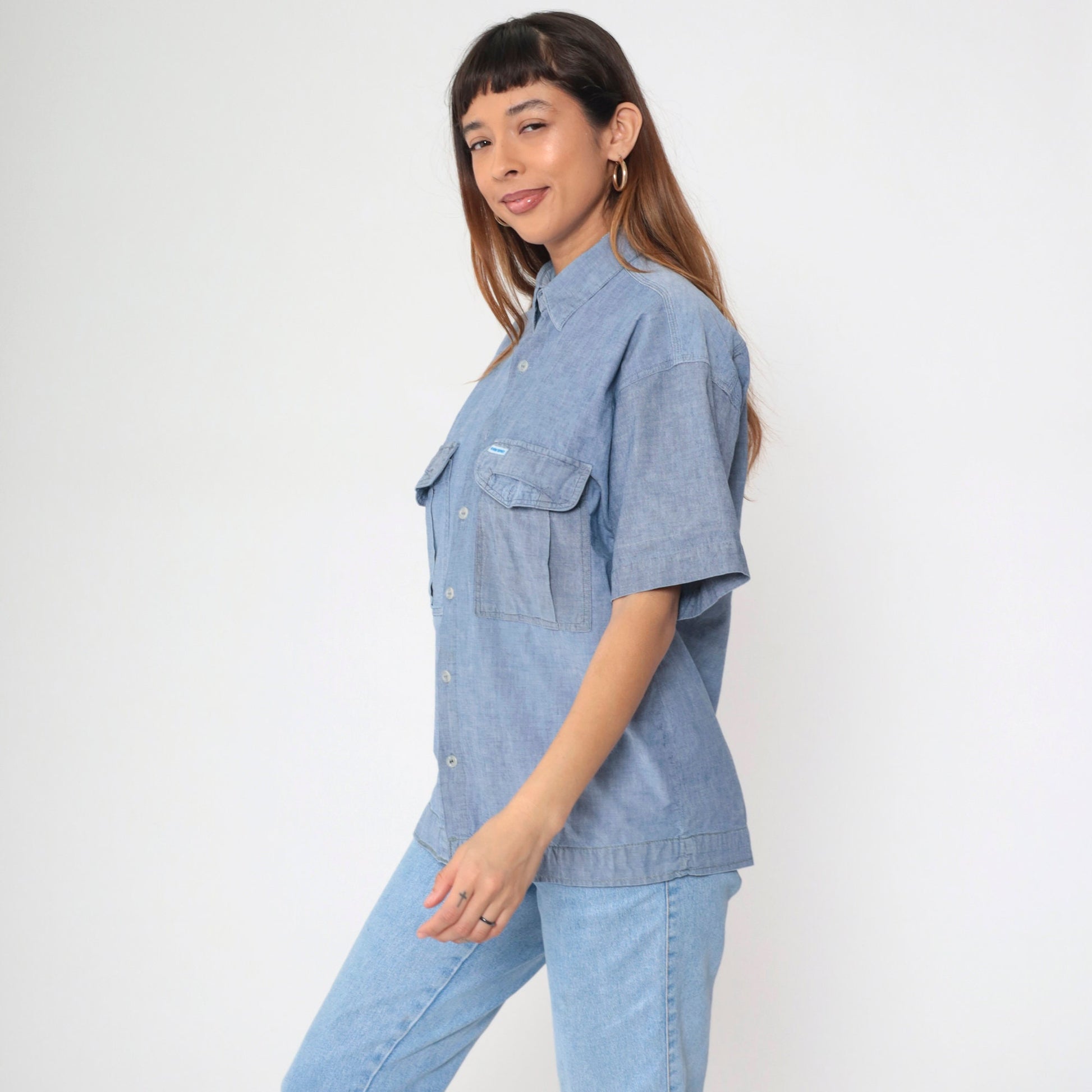 90s Blue Chambray Button-Up Shirt Short Sleeve Denim Oxford Medium