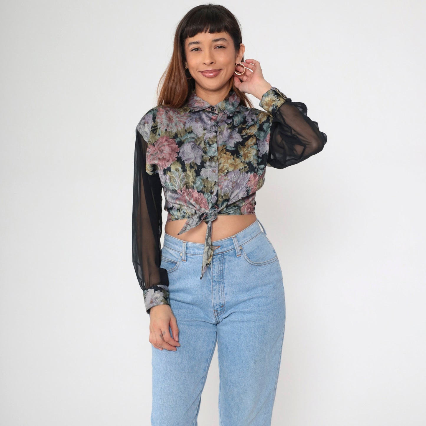 90s Floral Crop Top Button Up Blouse Sheer Chiffon Sleeves Small