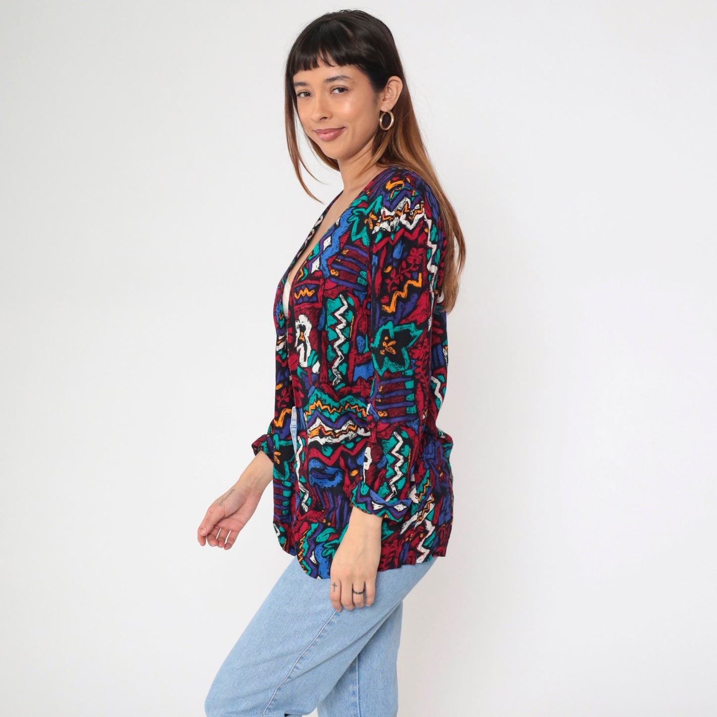 90s Abstract Geometric Floral Blazer Jacket Red Blue Open Front Puff Sleeve Medium Petite