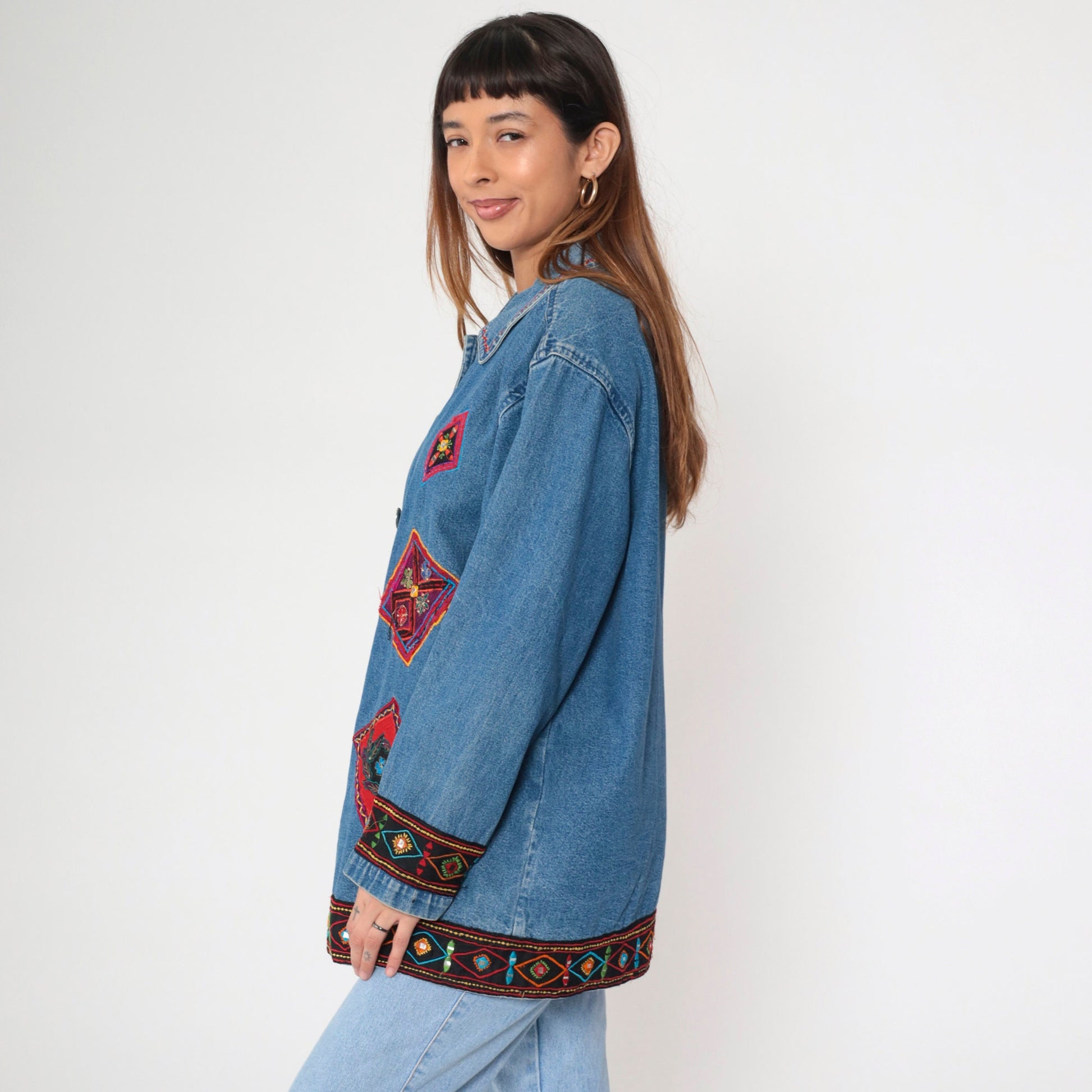 90s Floral Embroidered Denim Jacket Shisha Mirror Work Blue Cotton Extra Large