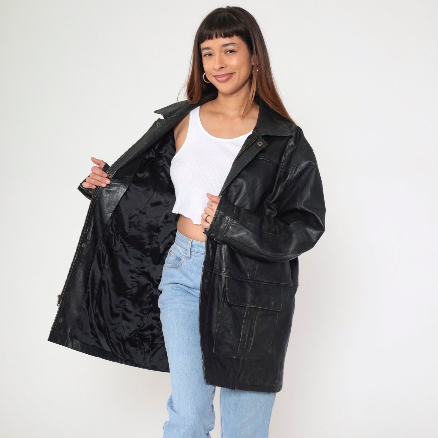 90s Black Deerskin Leather Coat Cargo Pockets Zip Snap Longline Large L