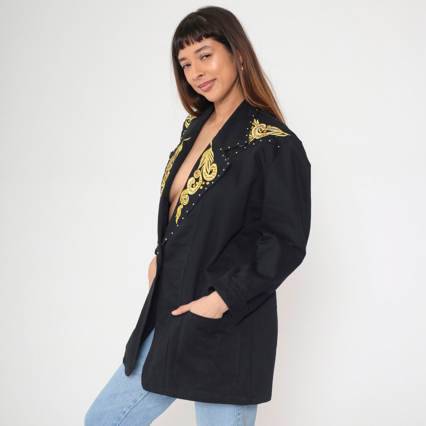 90s Black Blazer Gold Embroidered Rhinestone Studs Single Button Medium